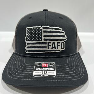 American Flag Hat FAFO Engraved Leatherette Patch on Richardson 112 Trucker Hat