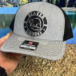 Beaver Liquor Patch Hat with Premium Leatherette Patch on Richardson 112 Trucker Hat