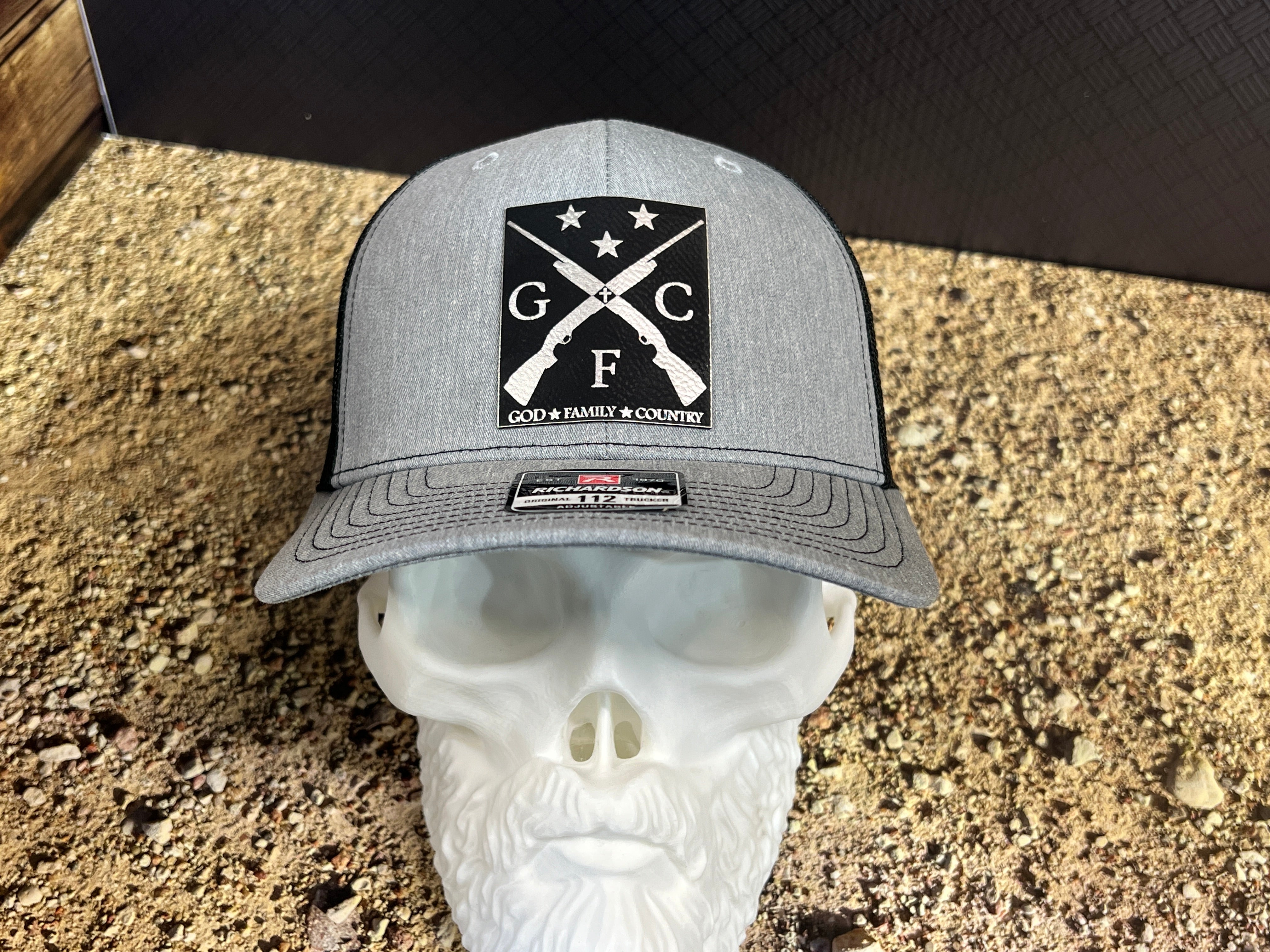 God Family Country Hat with Premium Leatherette on Richardson 112 Trucker Hat