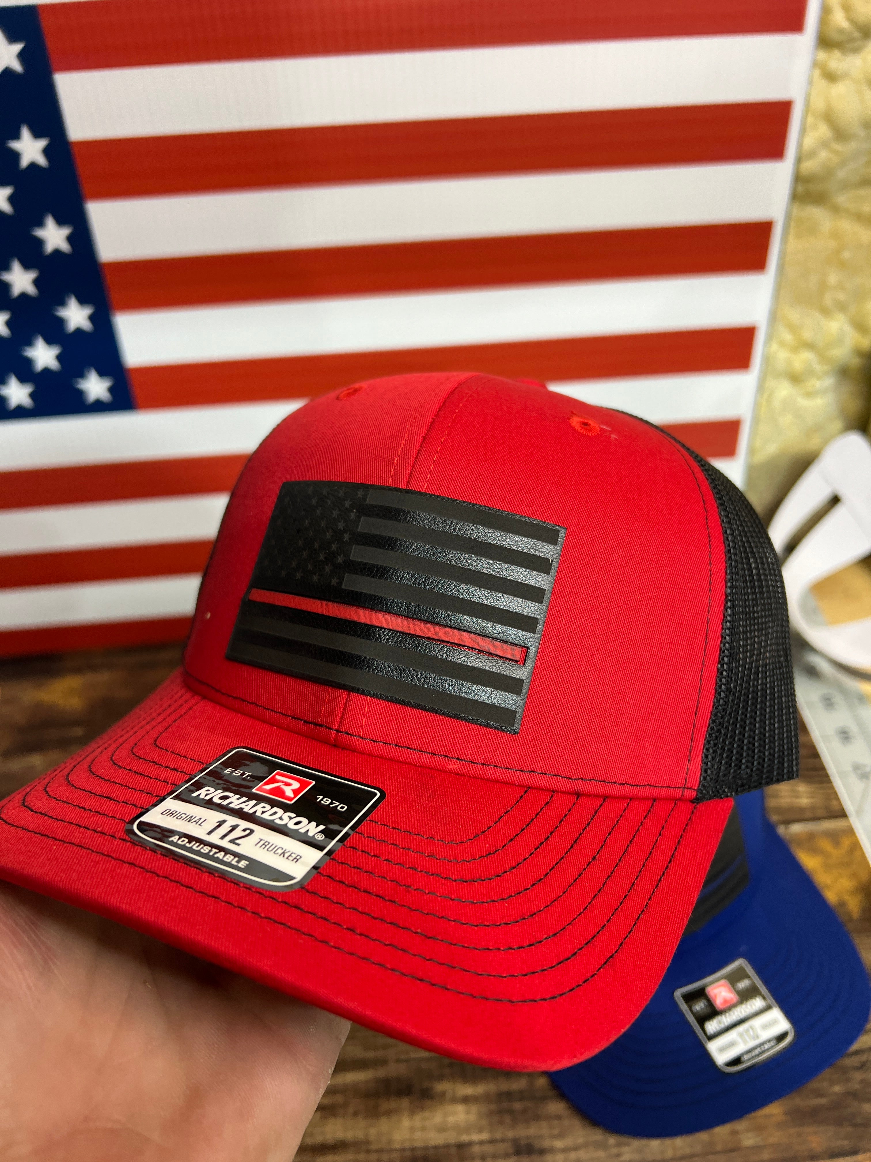 Thin Line Trucker Hats with Premium Leatherette on Richardson 112