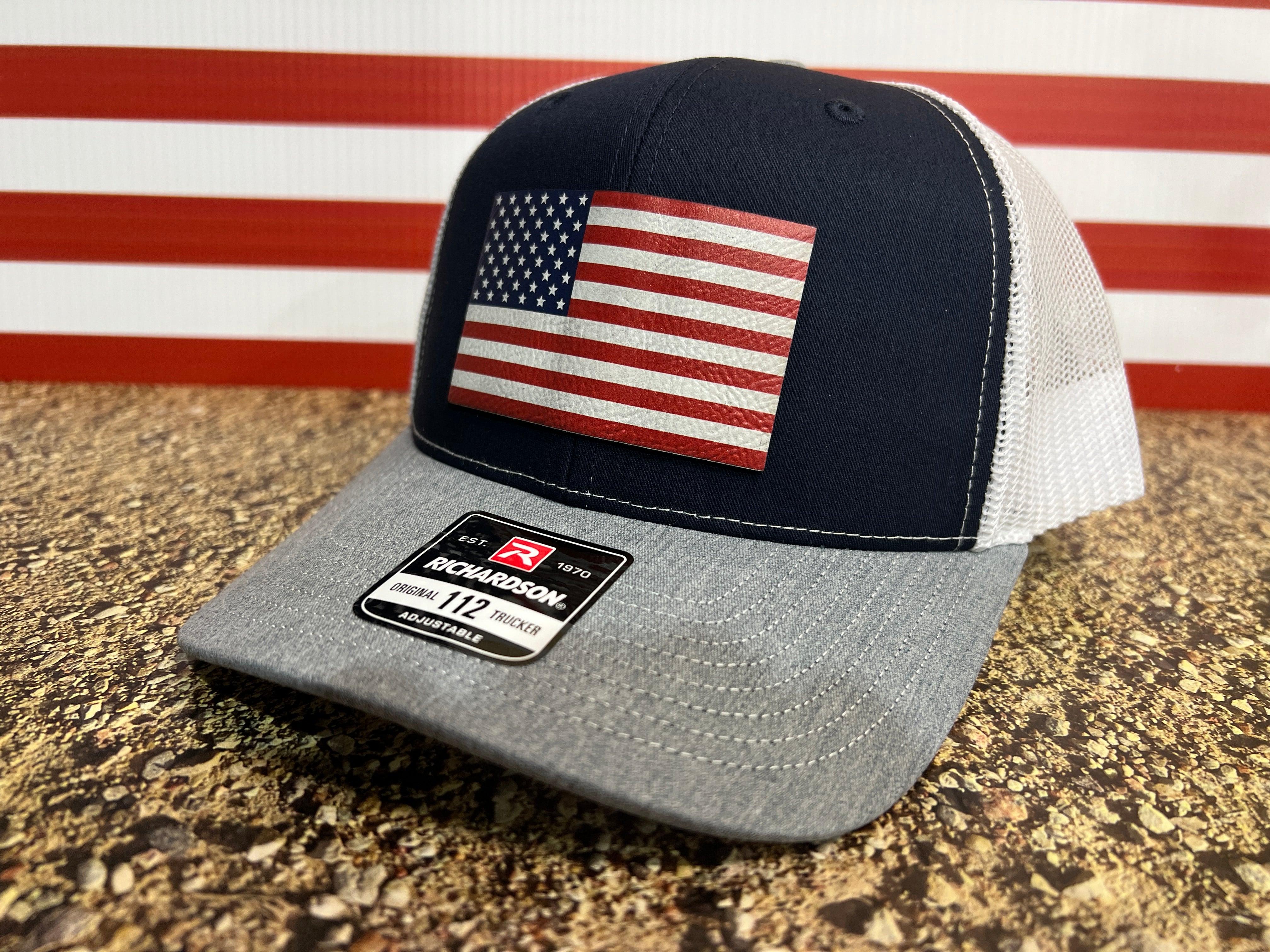 American Flag Hat UV Printed Premium Leatherette Patch on a Richardson 112 Trucker Hat.