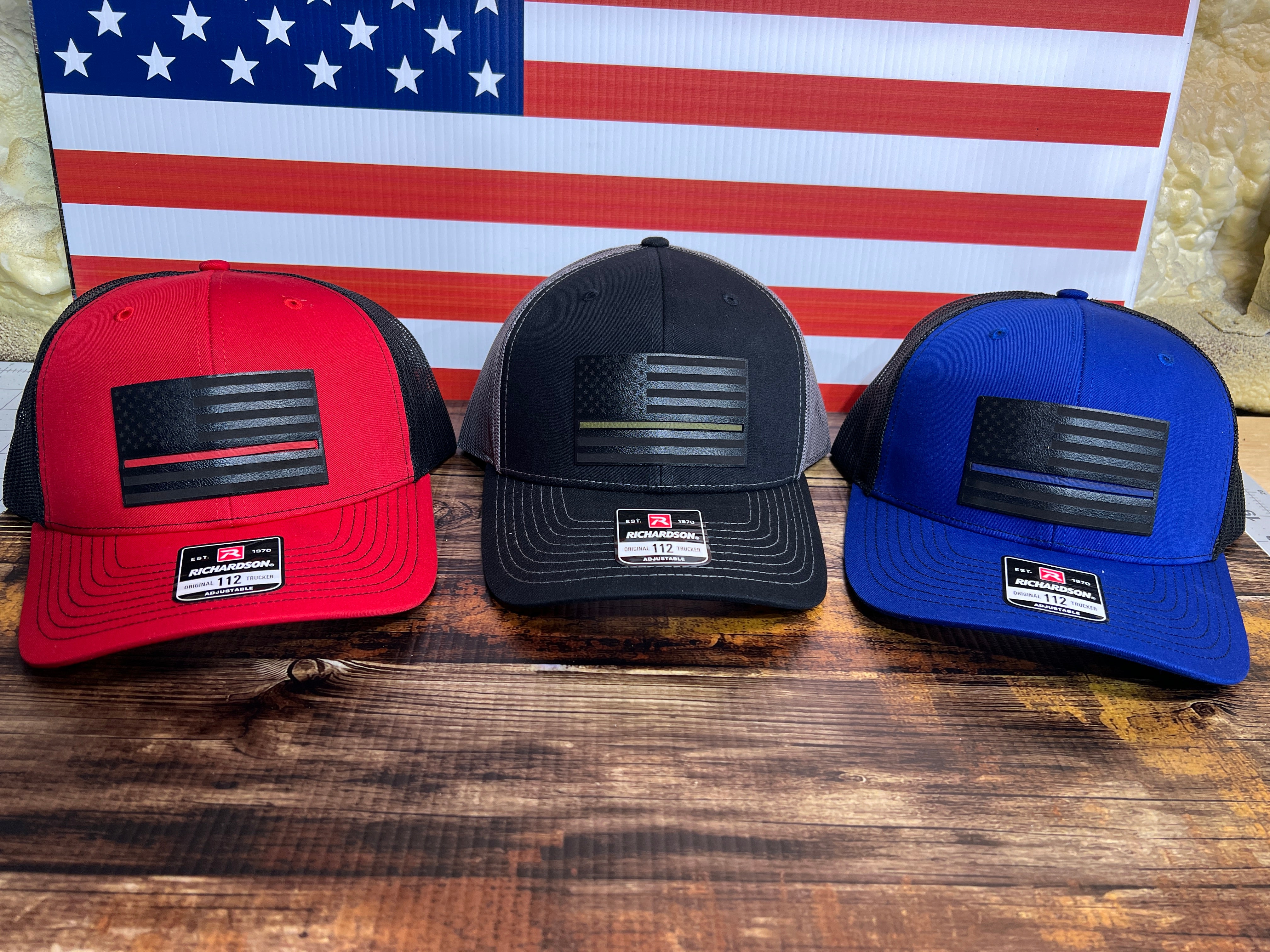 Thin Line Trucker Hats with Premium Leatherette on Richardson 112