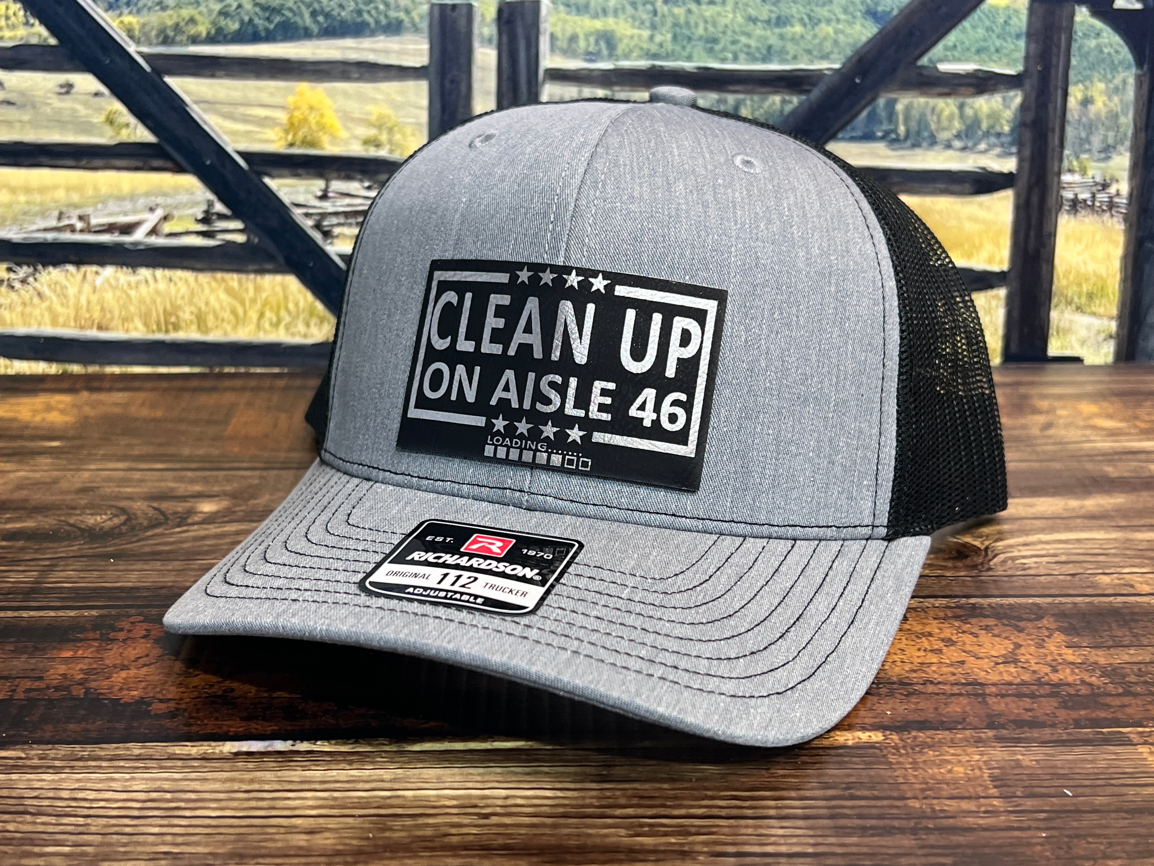 Cleanup On Aisle 46 Hat Premium Leatherette Patch on Richardson 112 Trucker Hat