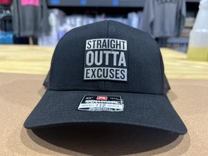 Straight Outta Excuses Hat with Premium Leatherette Patch on a Richardson 112 Trucker Hat Baseball Cap Summer Winter