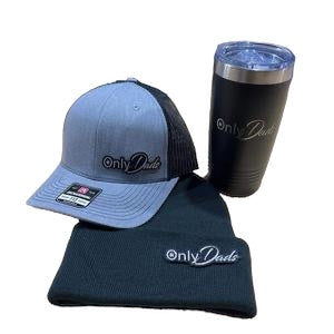 Hat + Beanie + 20oz Tumbler - Only Dads Patch on a Richardson 112 Trucker Hat + Beanie with same patch + 20 oz Polar Camel Tumbler with Only Dads Laser Engraved on the side.