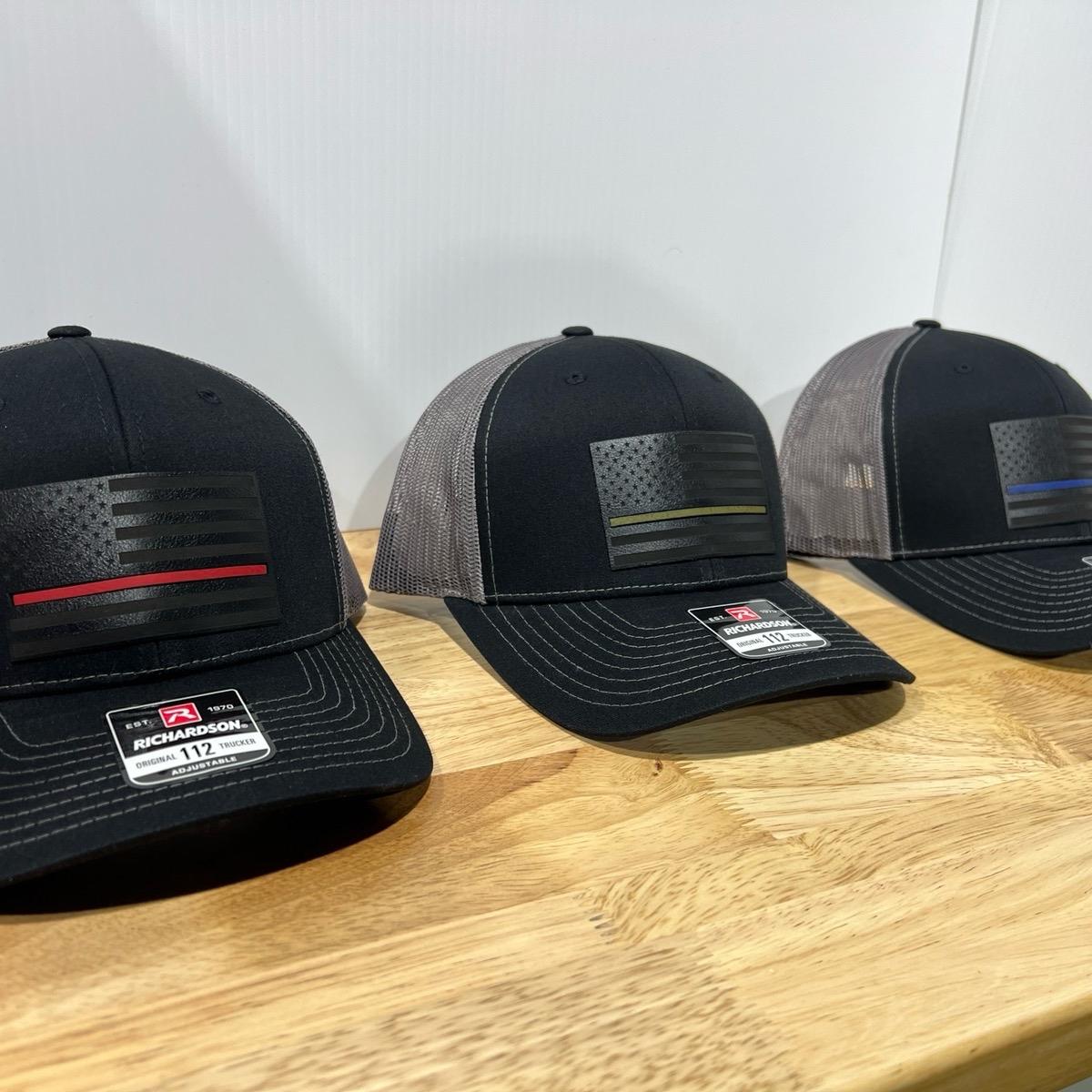 Thin Line Trucker Hats with Premium Leatherette on Richardson 112