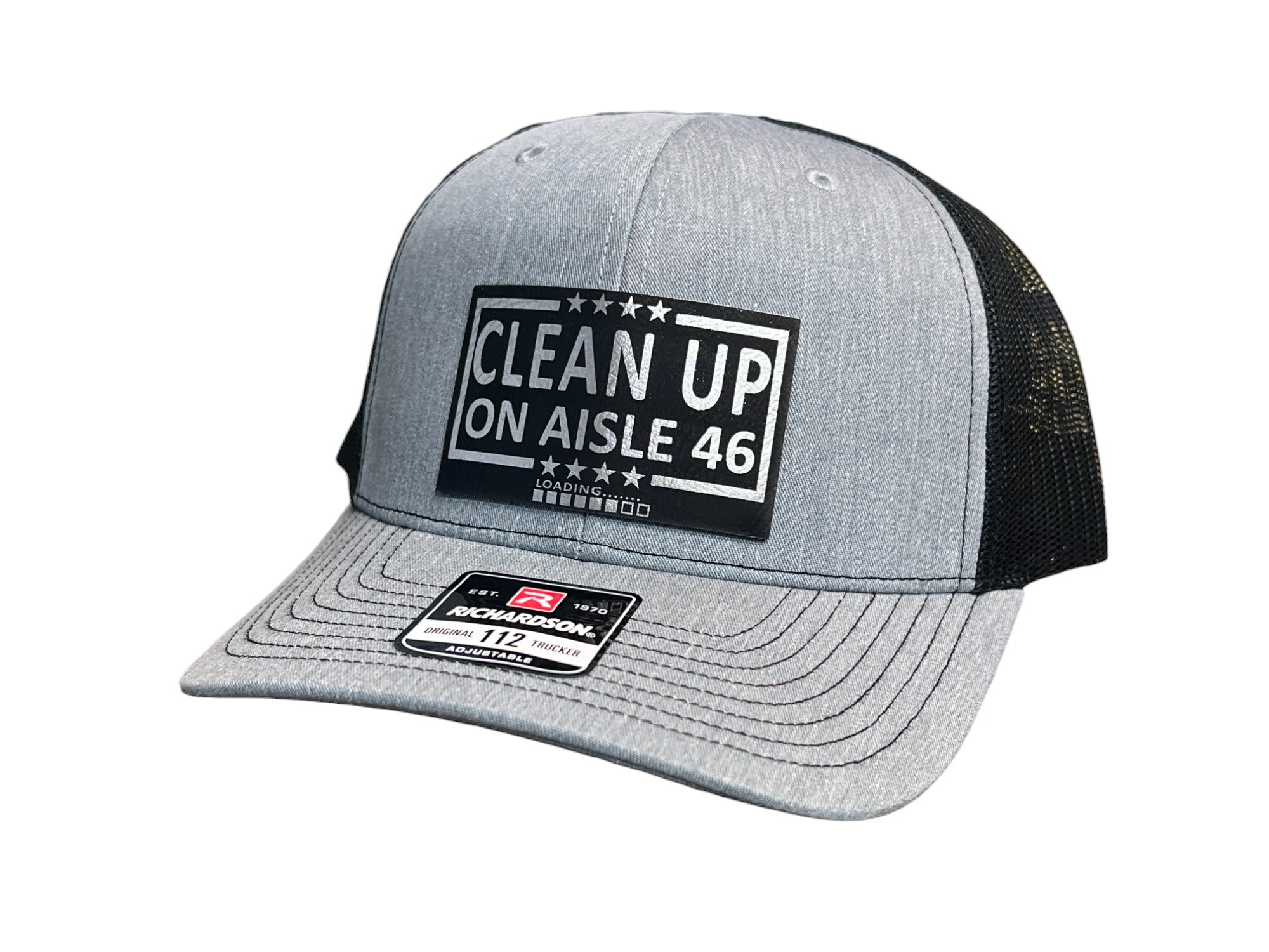 Cleanup On Aisle 46 Hat Premium Leatherette Patch on Richardson 112 Trucker Hat