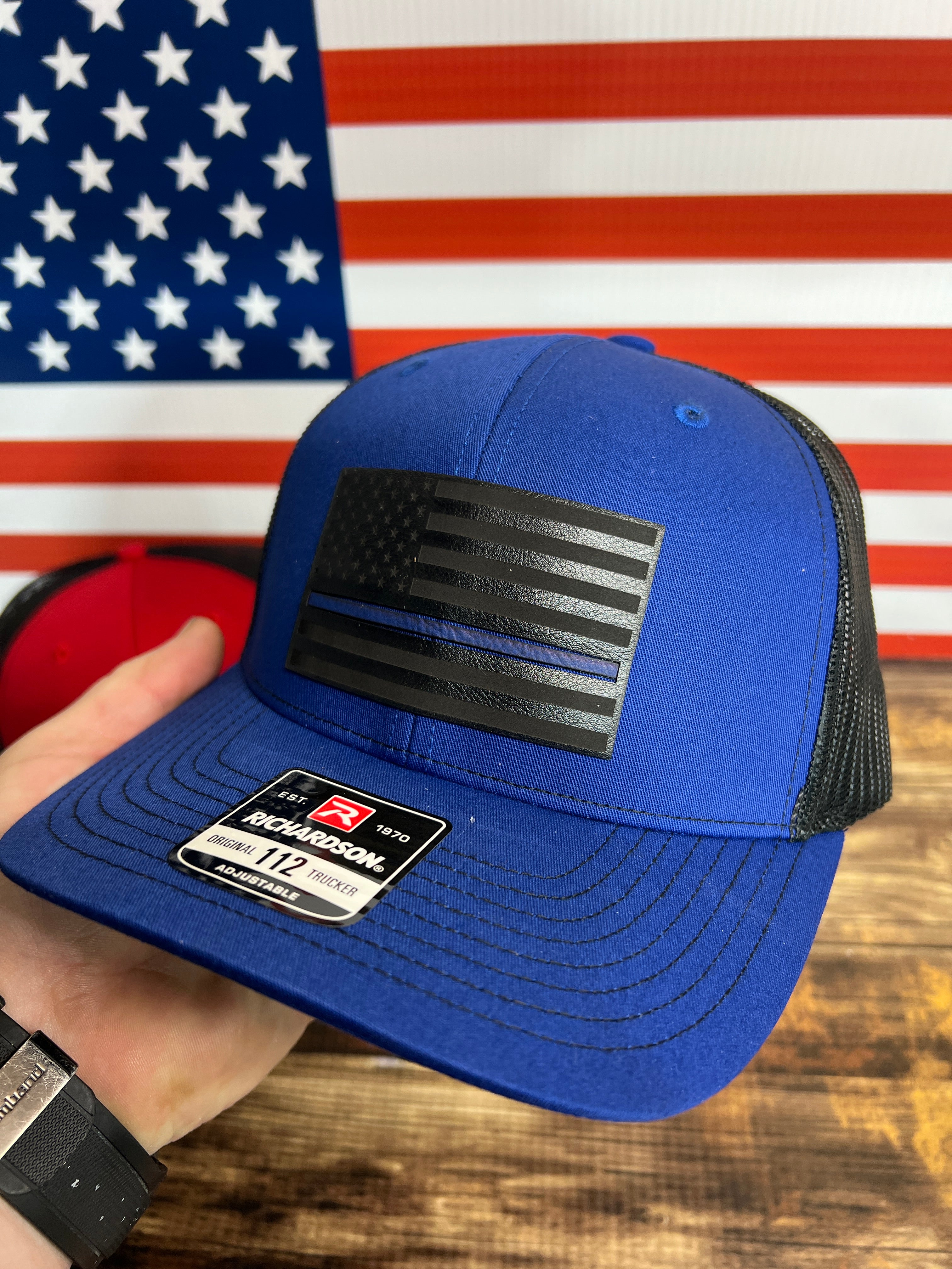 Thin Line Trucker Hats with Premium Leatherette on Richardson 112