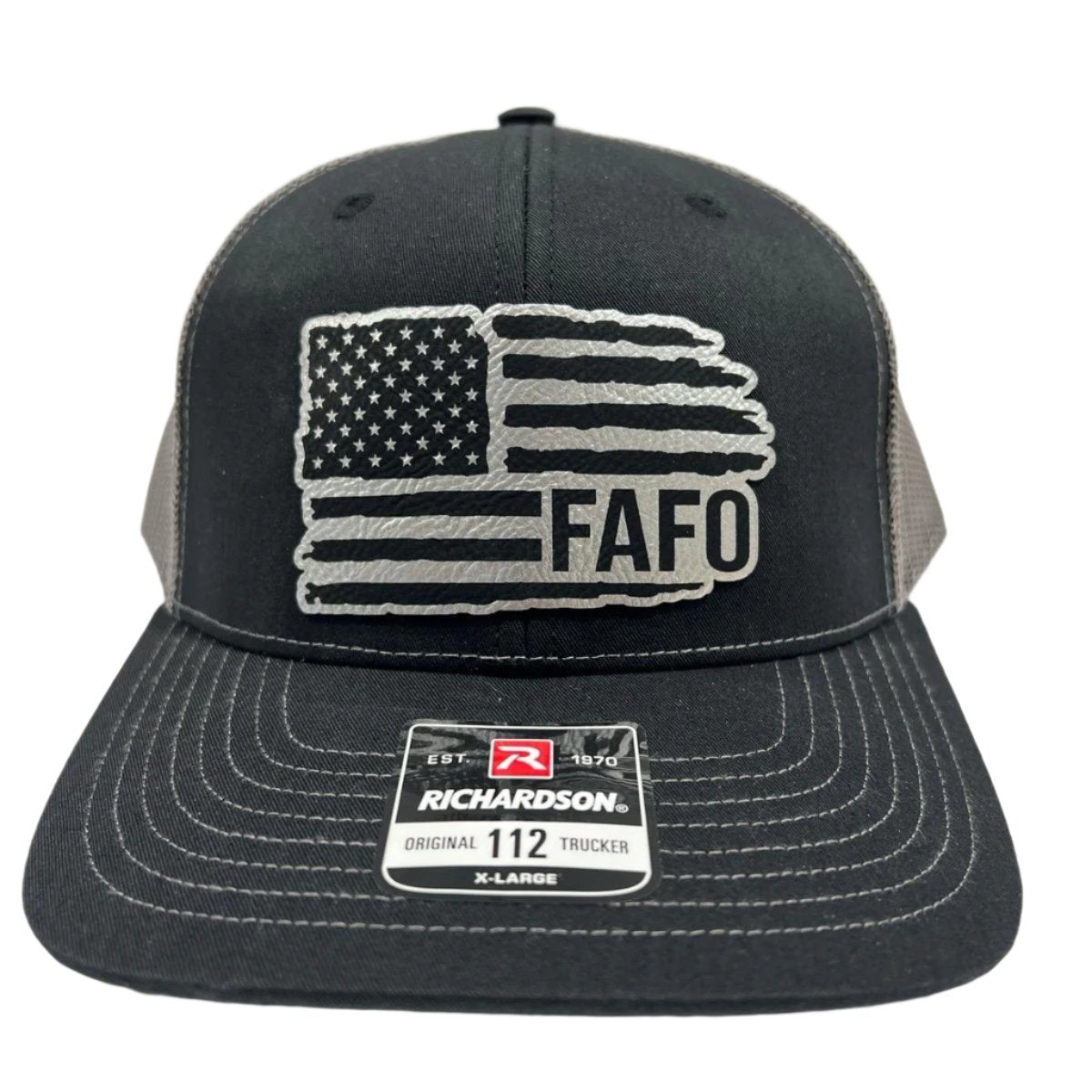 FAFO American Flag Hat Engraved Leatherette Patch on Richardson 112 Trucker Hat