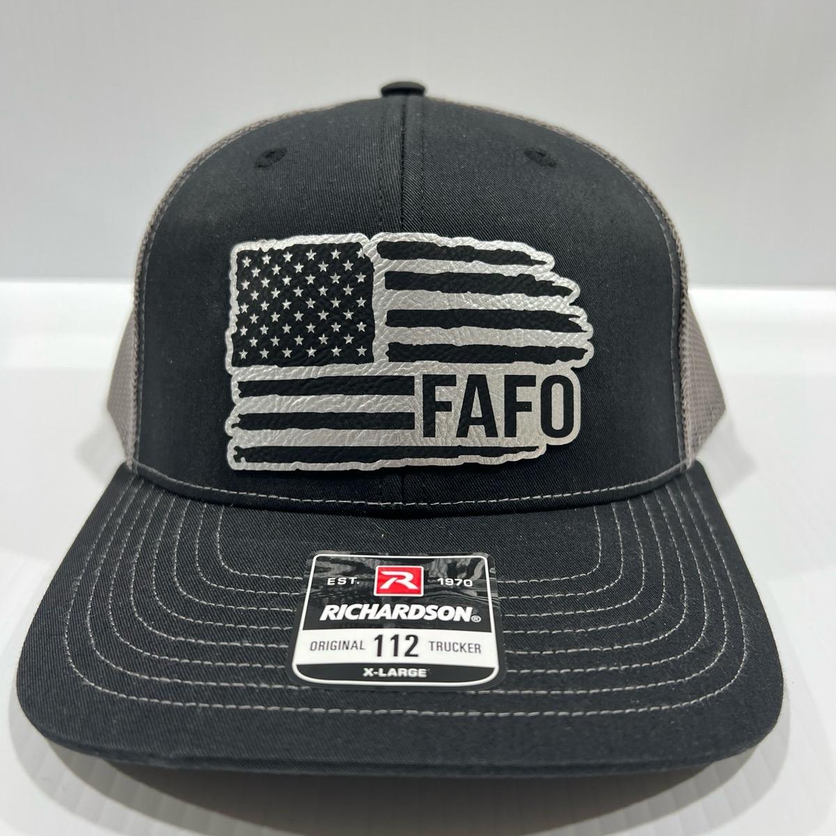 FAFO American Flag Hat Engraved Leatherette Patch on Richardson 112 Trucker Hat