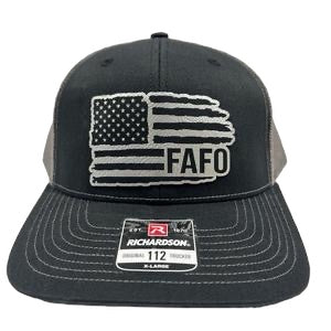 American Flag Hat FAFO Engraved Leatherette Patch on Richardson 112 Trucker Hat