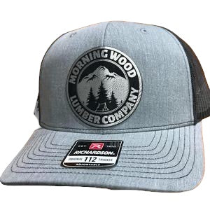 Morning Wood Hat with engraved Premium Leatherette Patch on a Richardson 112 Trucker Hat with adjustable snapback.