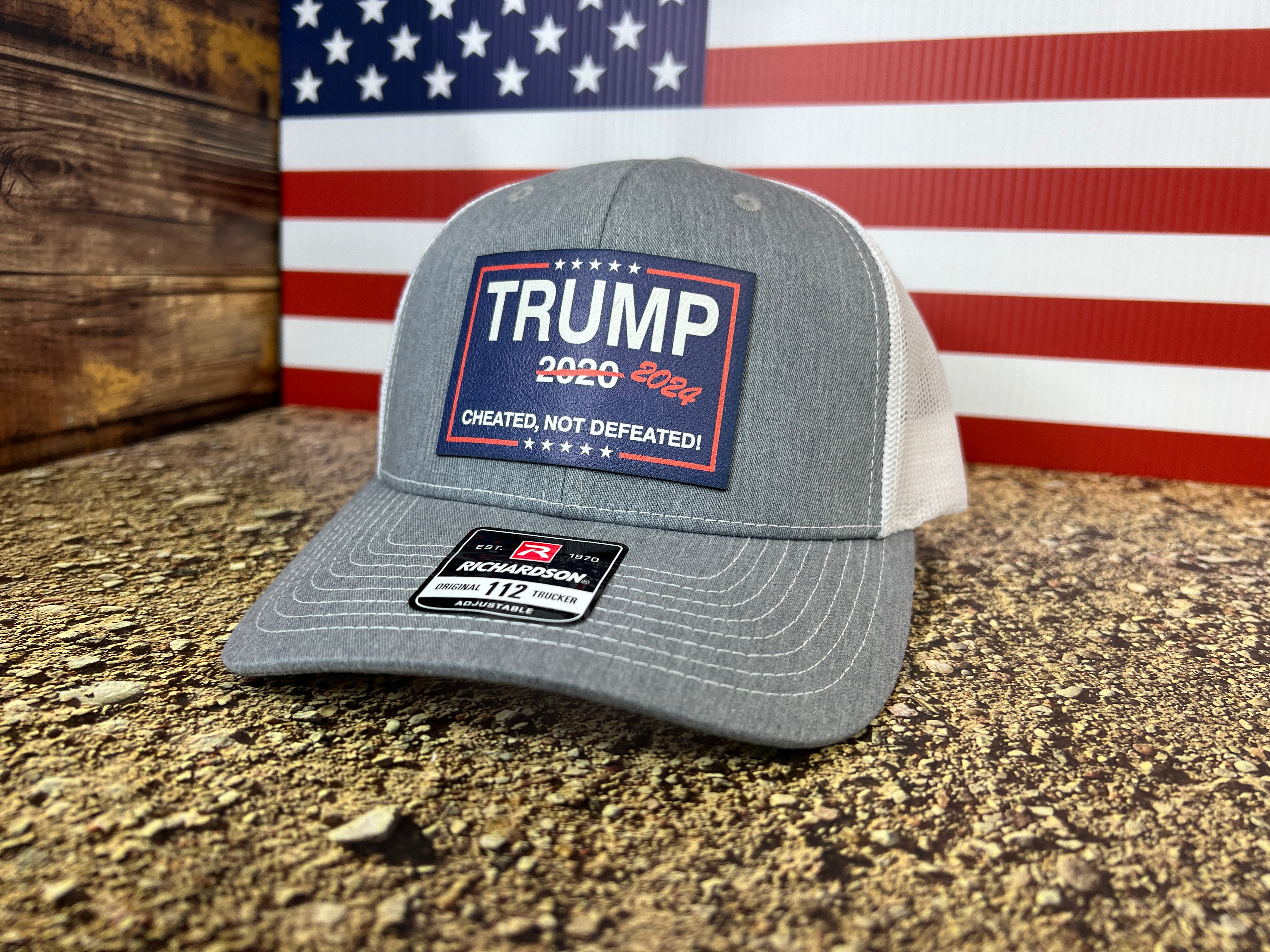 Cheated Not Defeated Trump 2024 Trucker Hat UV Printed  or Laser EngravedPremium Leatherette FULL Color Patch on Richardson 112 Trucker Hat