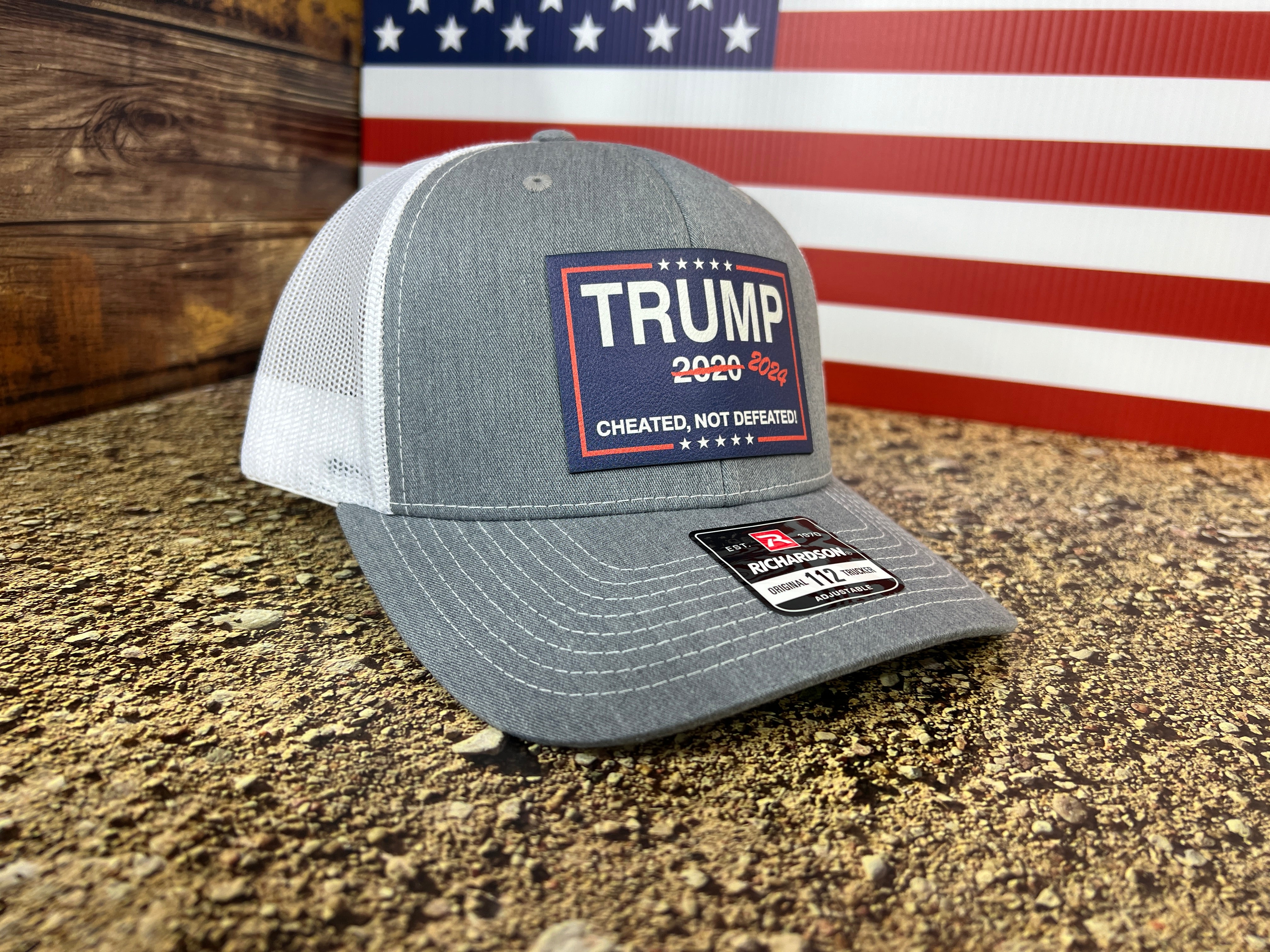 Cheated Not Defeated Trump 2024 Trucker Hat UV Printed  or Laser EngravedPremium Leatherette FULL Color Patch on Richardson 112 Trucker Hat