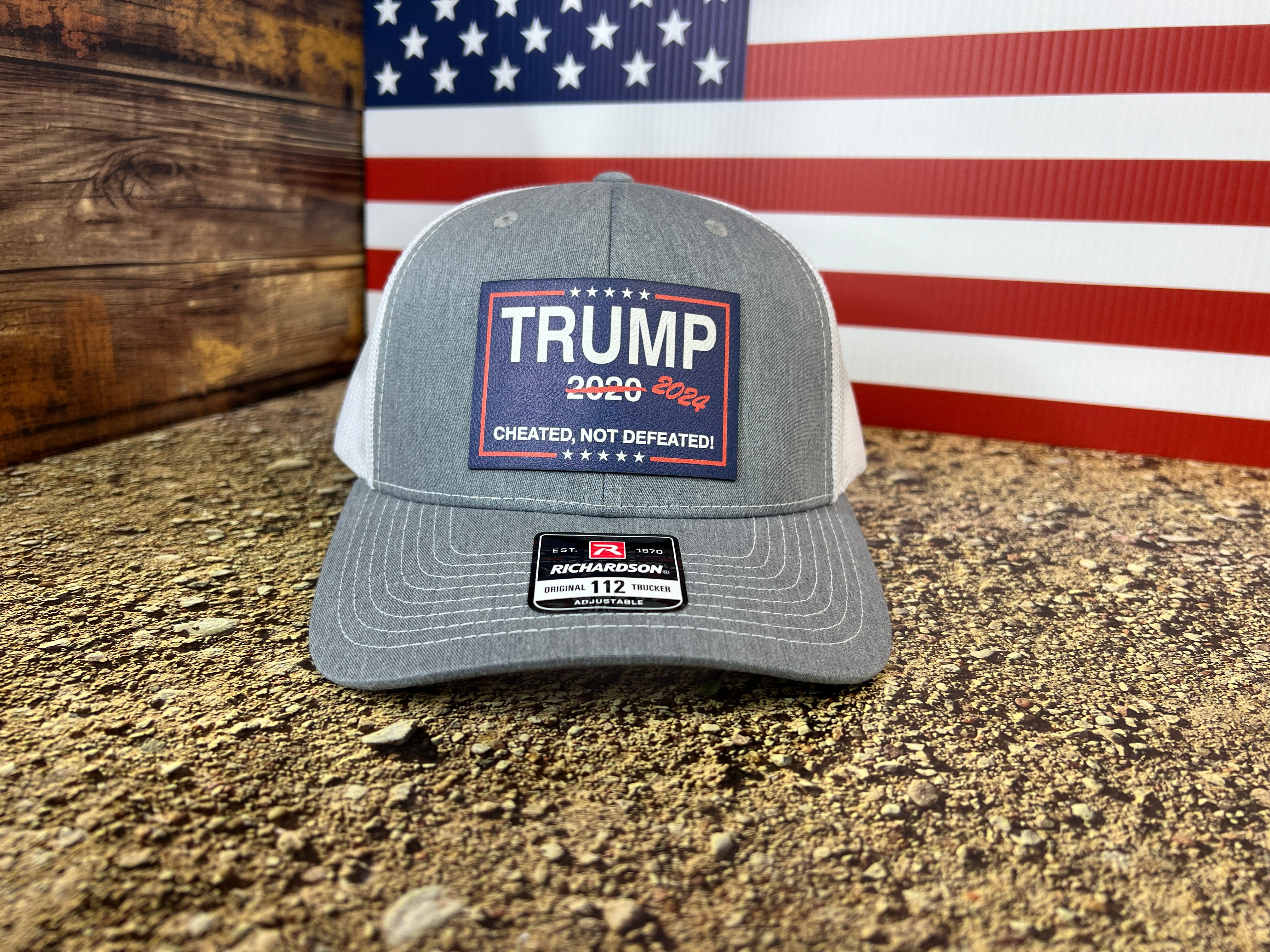 Cheated Not Defeated Trump 2024 Trucker Hat UV Printed  or Laser EngravedPremium Leatherette FULL Color Patch on Richardson 112 Trucker Hat