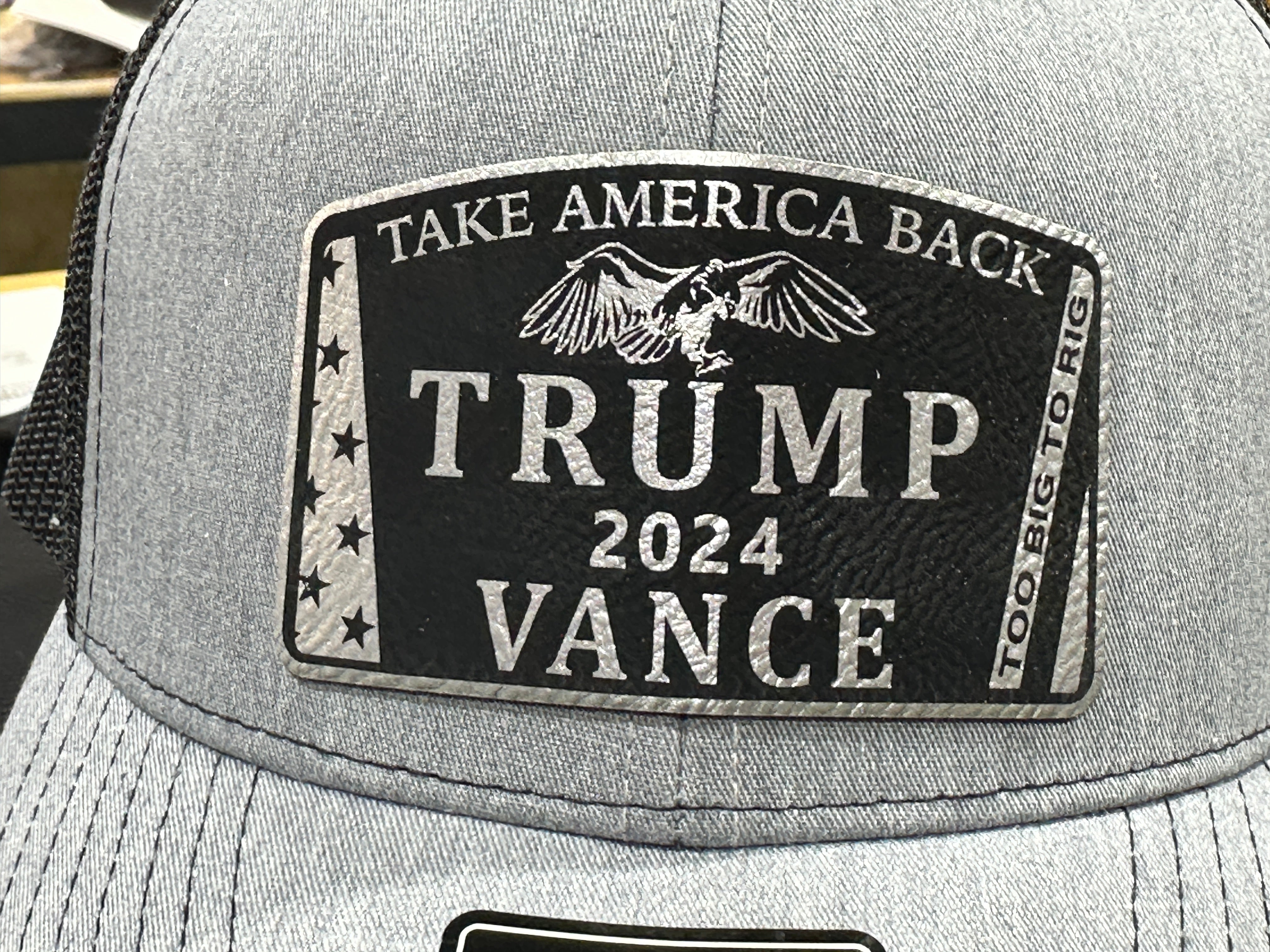 To Big To Rig Trump Vance 2024 Hat Premium Leatherette Patch on Richardson or Yupoong 112 Trucker Hat GenX Hat