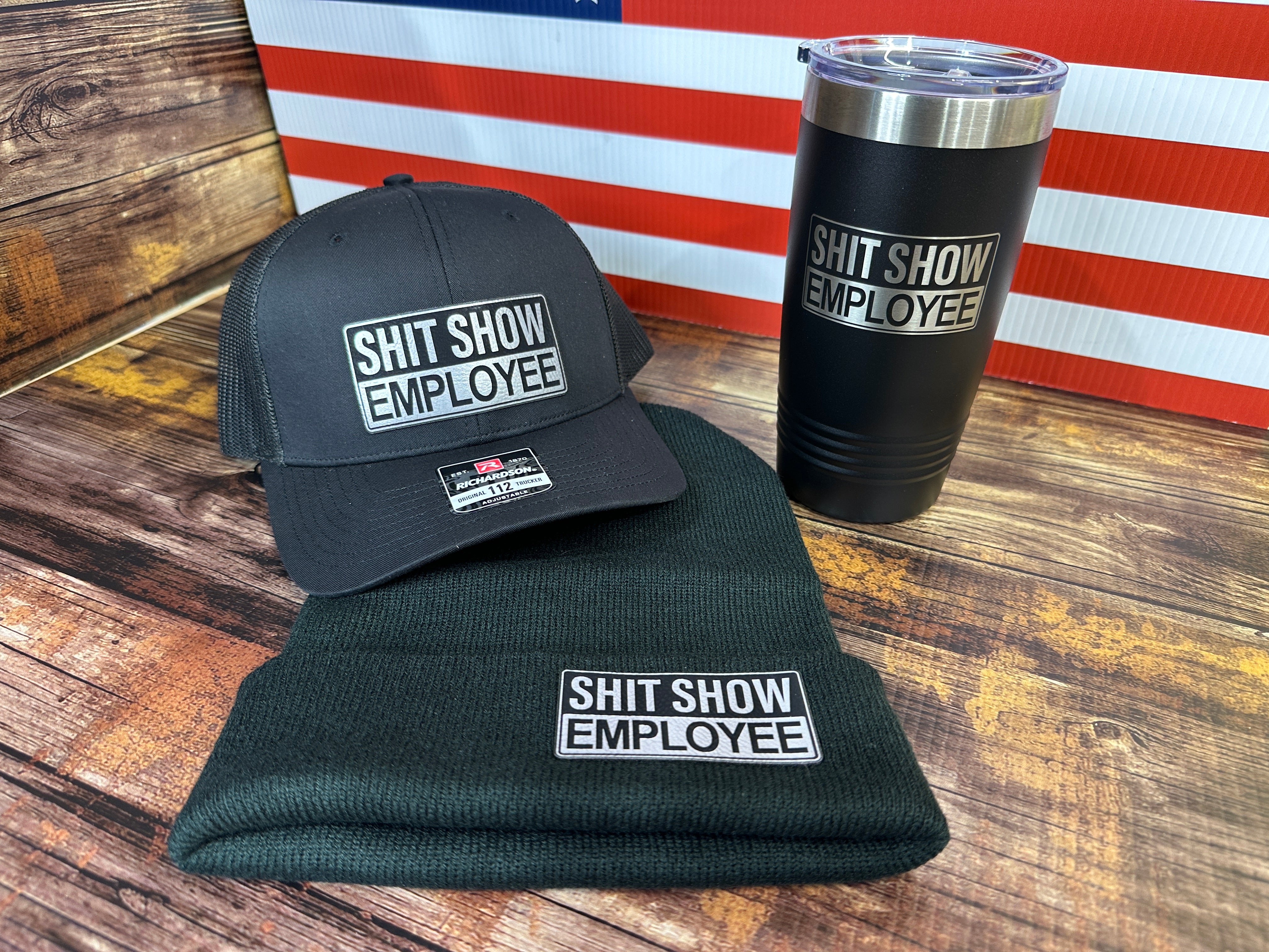 ShitShow Employee Hat + Beanie + 20 oz Tumbler Bundle - Shit Show Employee Design on all 3 Items!