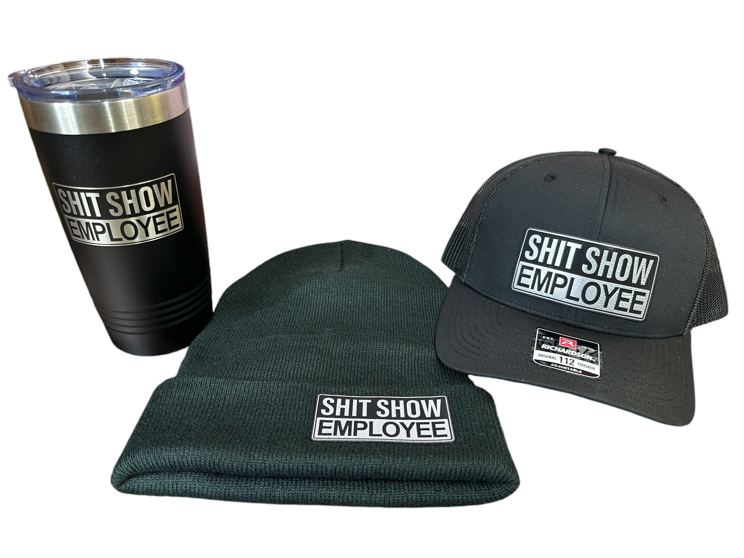 ShitShow Employee Hat + Beanie + 20 oz Tumbler Bundle - Shit Show Employee Design on all 3 Items!