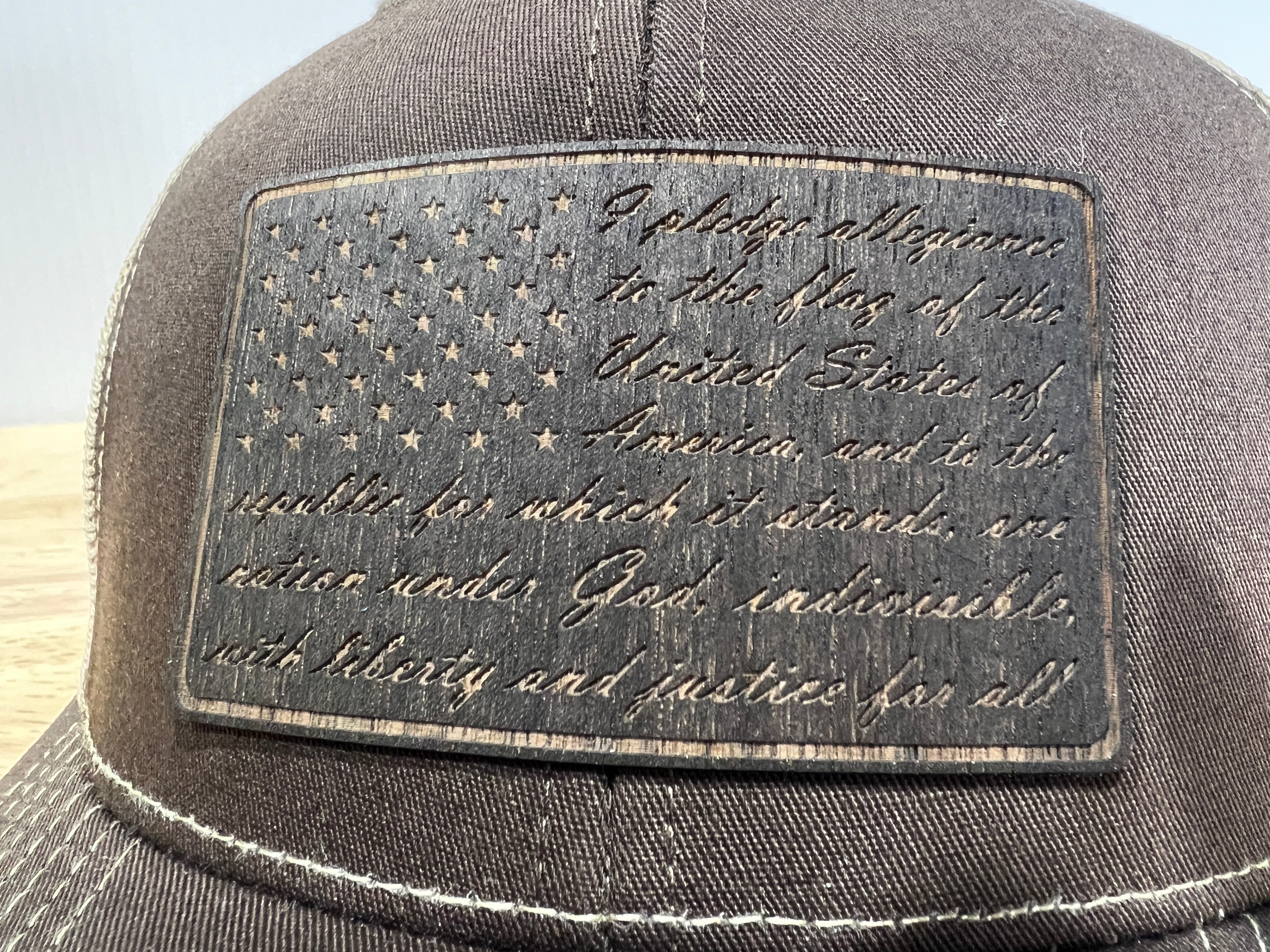 REAL Walnut Engraved Wood Patch Pledge of Allegiance American Flag Hat Design on a Richardson 112 Trucker Hat.