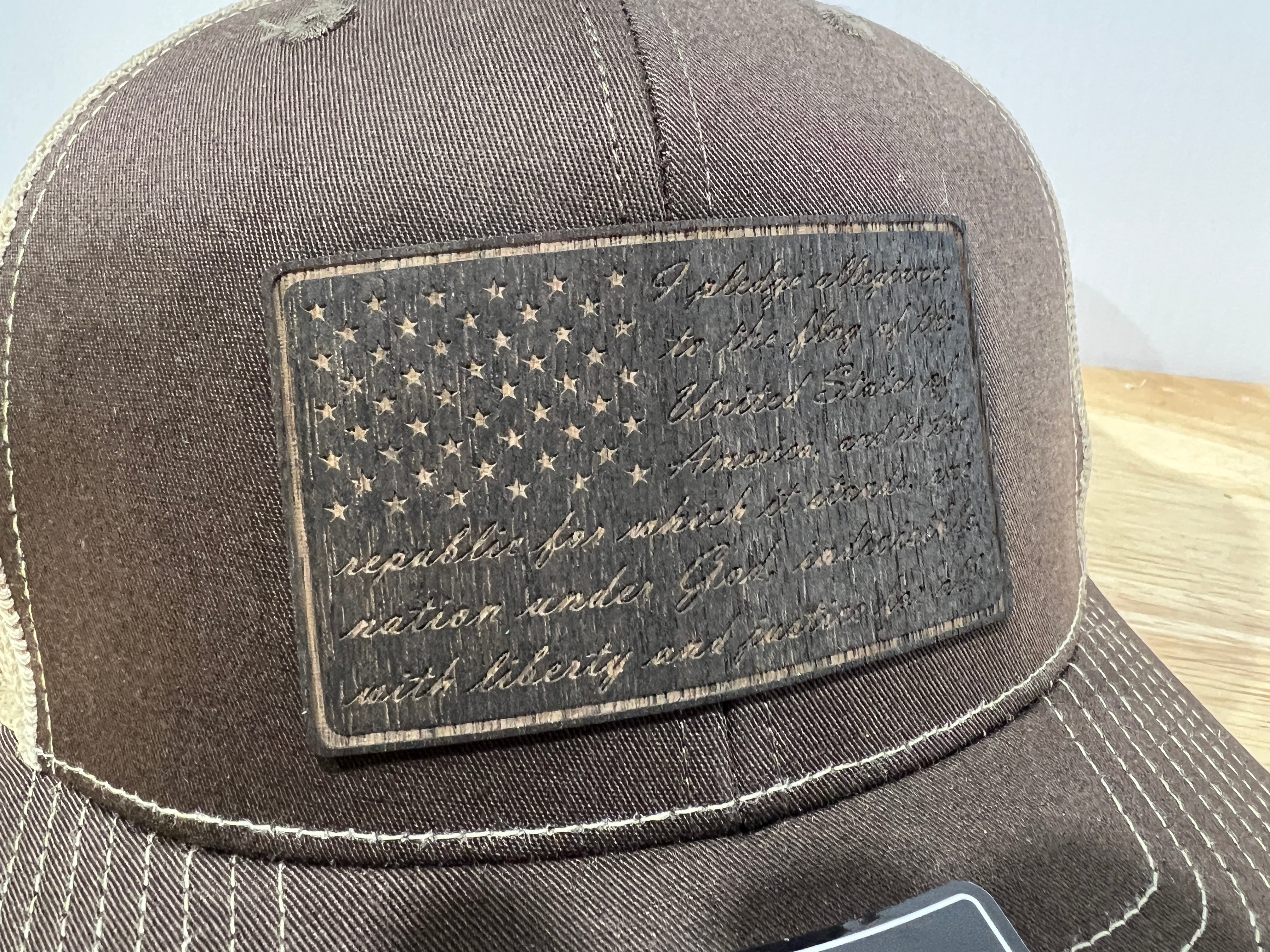 REAL Walnut Engraved Wood Patch Pledge of Allegiance American Flag Hat Design on a Richardson 112 Trucker Hat.