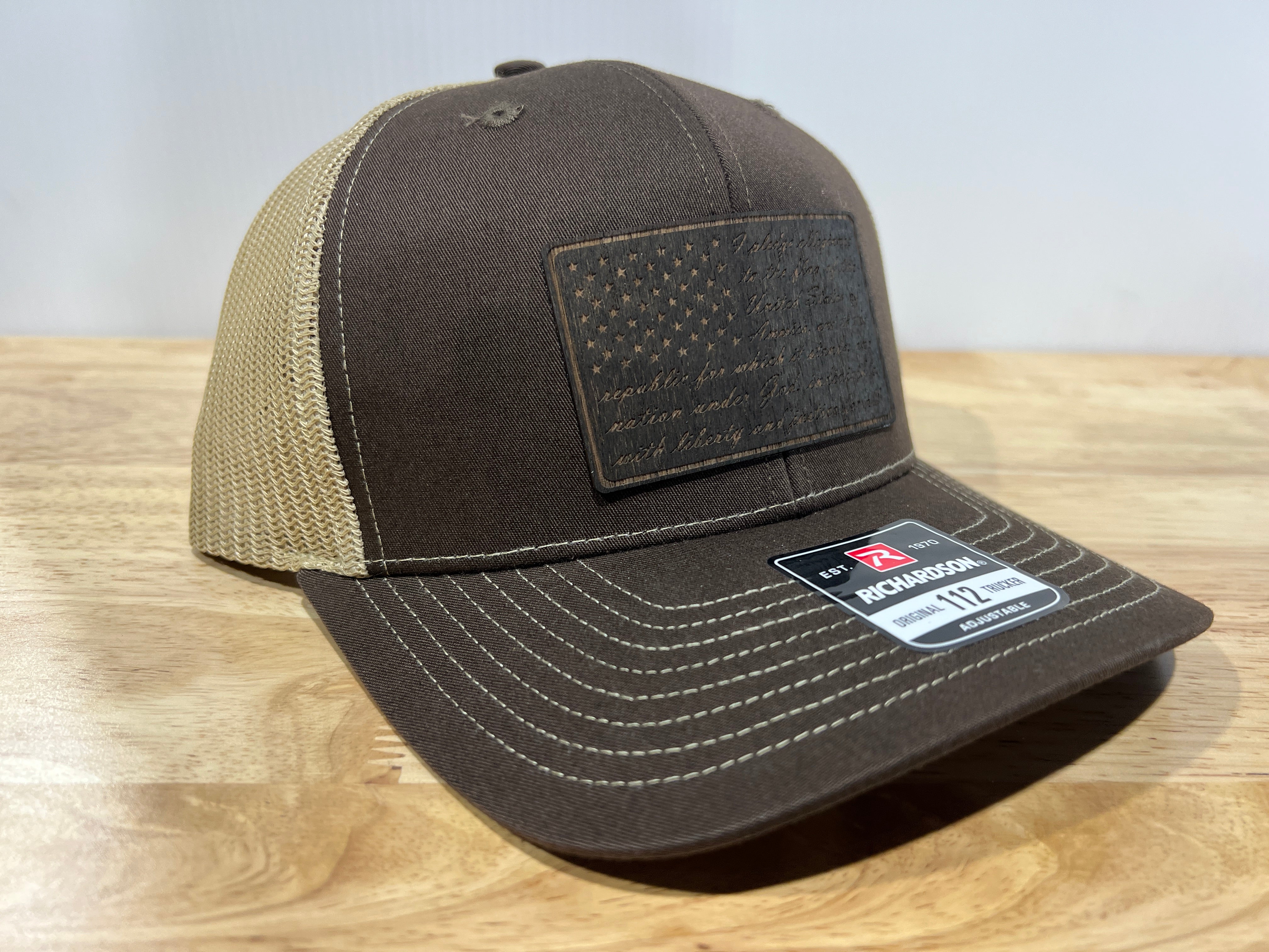 REAL Walnut Engraved Wood Patch Pledge of Allegiance American Flag Hat Design on a Richardson 112 Trucker Hat.