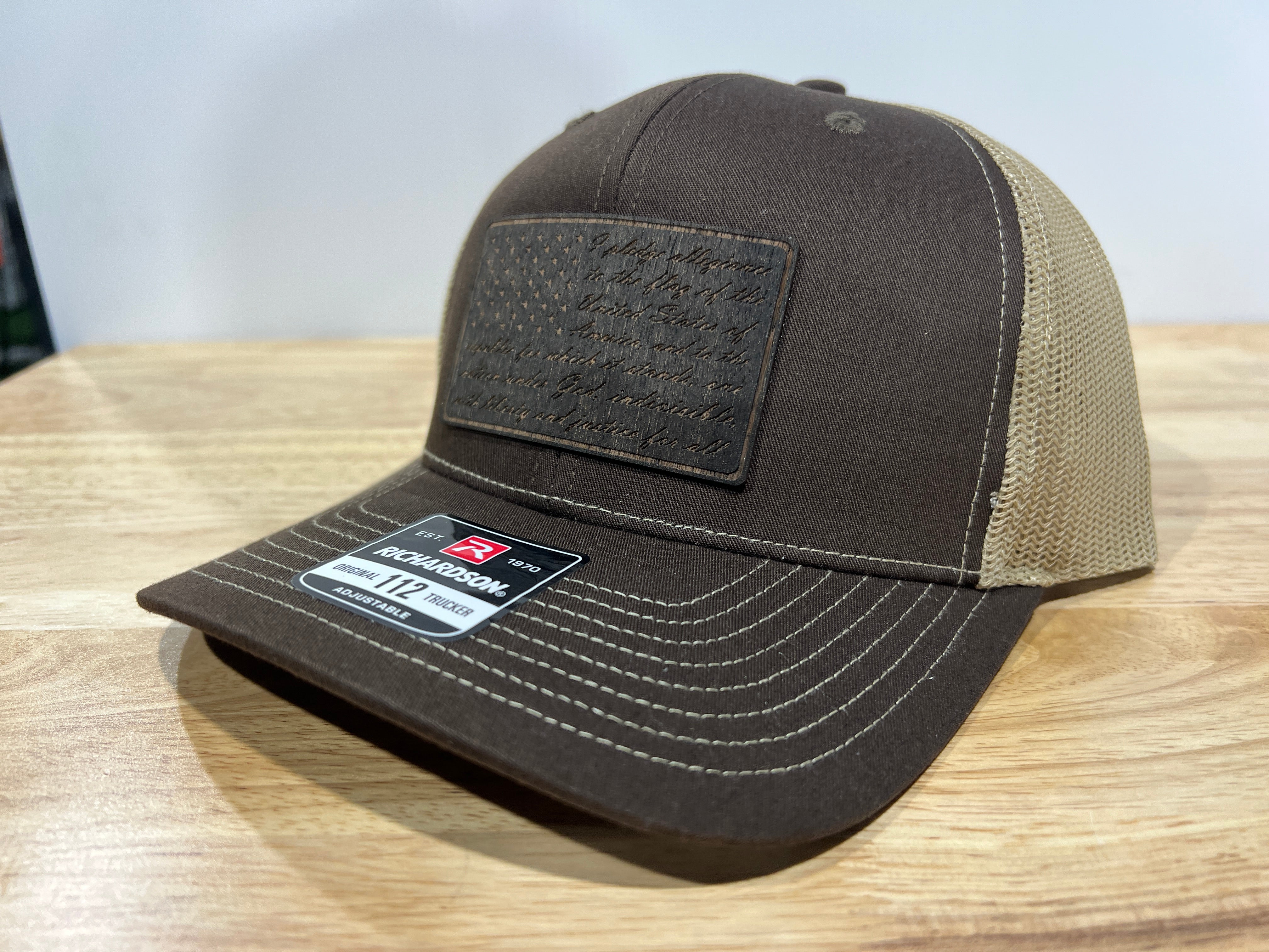 REAL Walnut Engraved Wood Patch Pledge of Allegiance American Flag Hat Design on a Richardson 112 Trucker Hat.