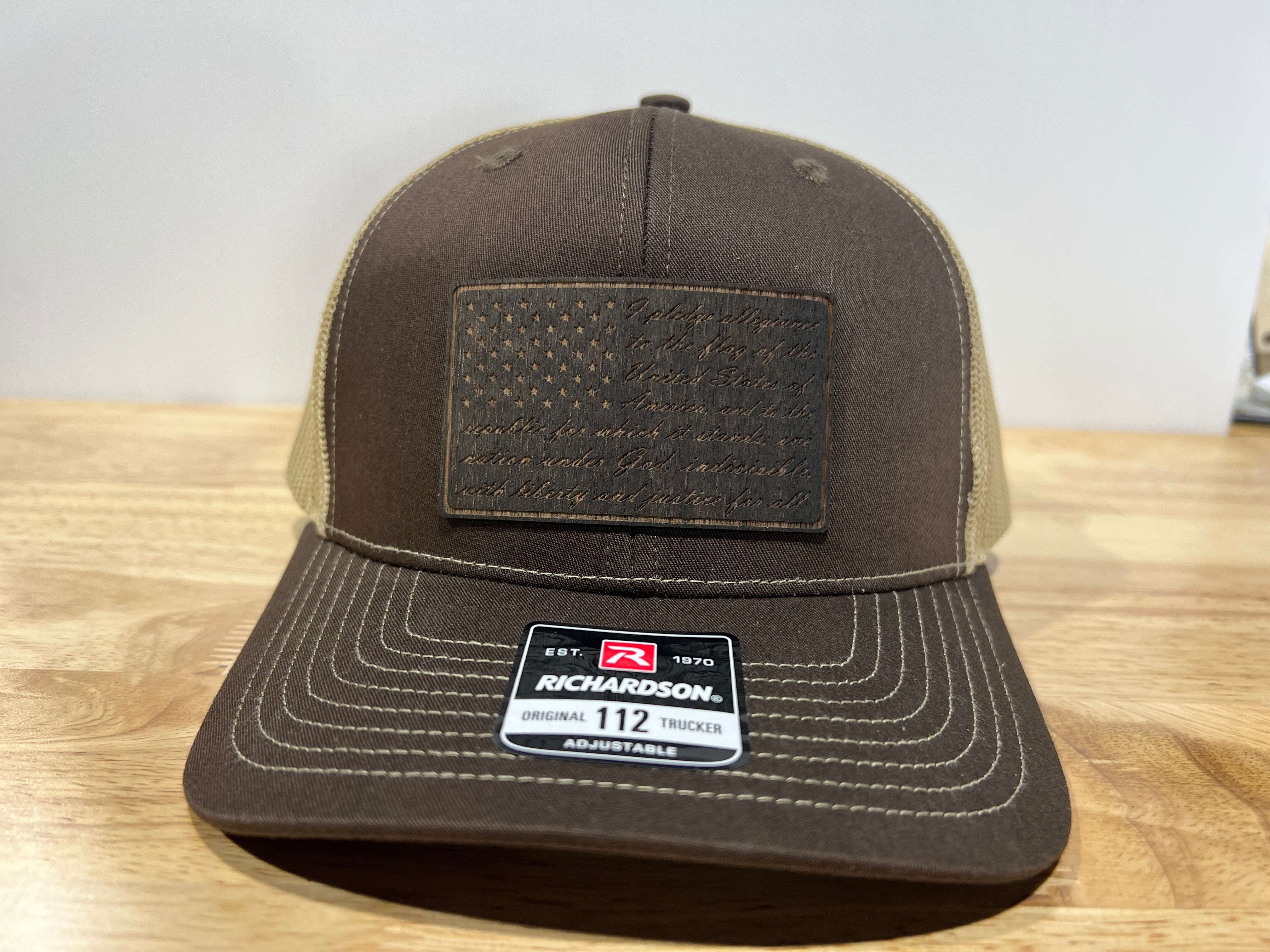 REAL Walnut Engraved Wood Patch Pledge of Allegiance American Flag Hat Design on a Richardson 112 Trucker Hat.