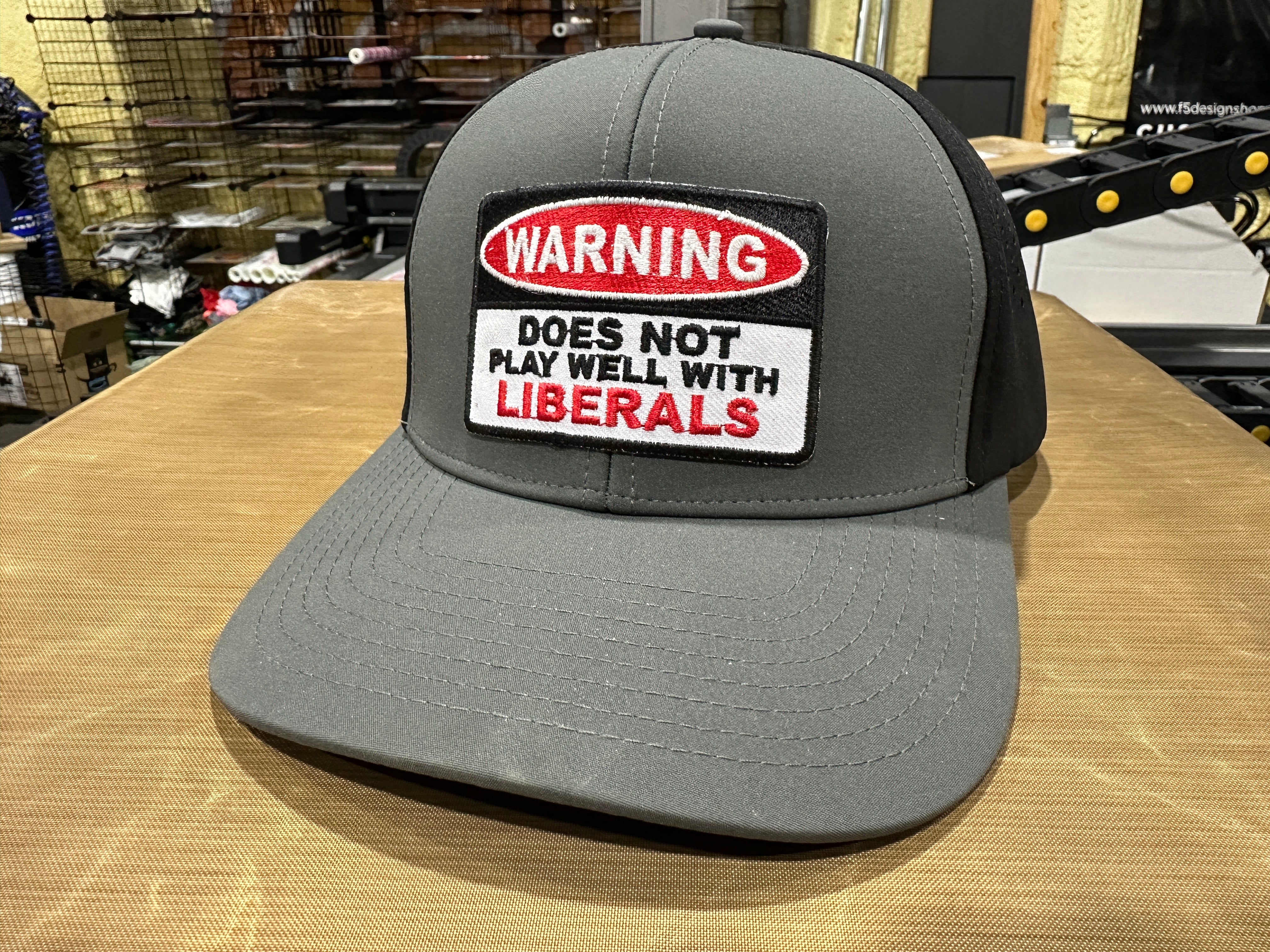 Warning Does Not Play Well with Liberals Embroidered Patch Hat Richardson 112 Trucker Hat GenX Hat