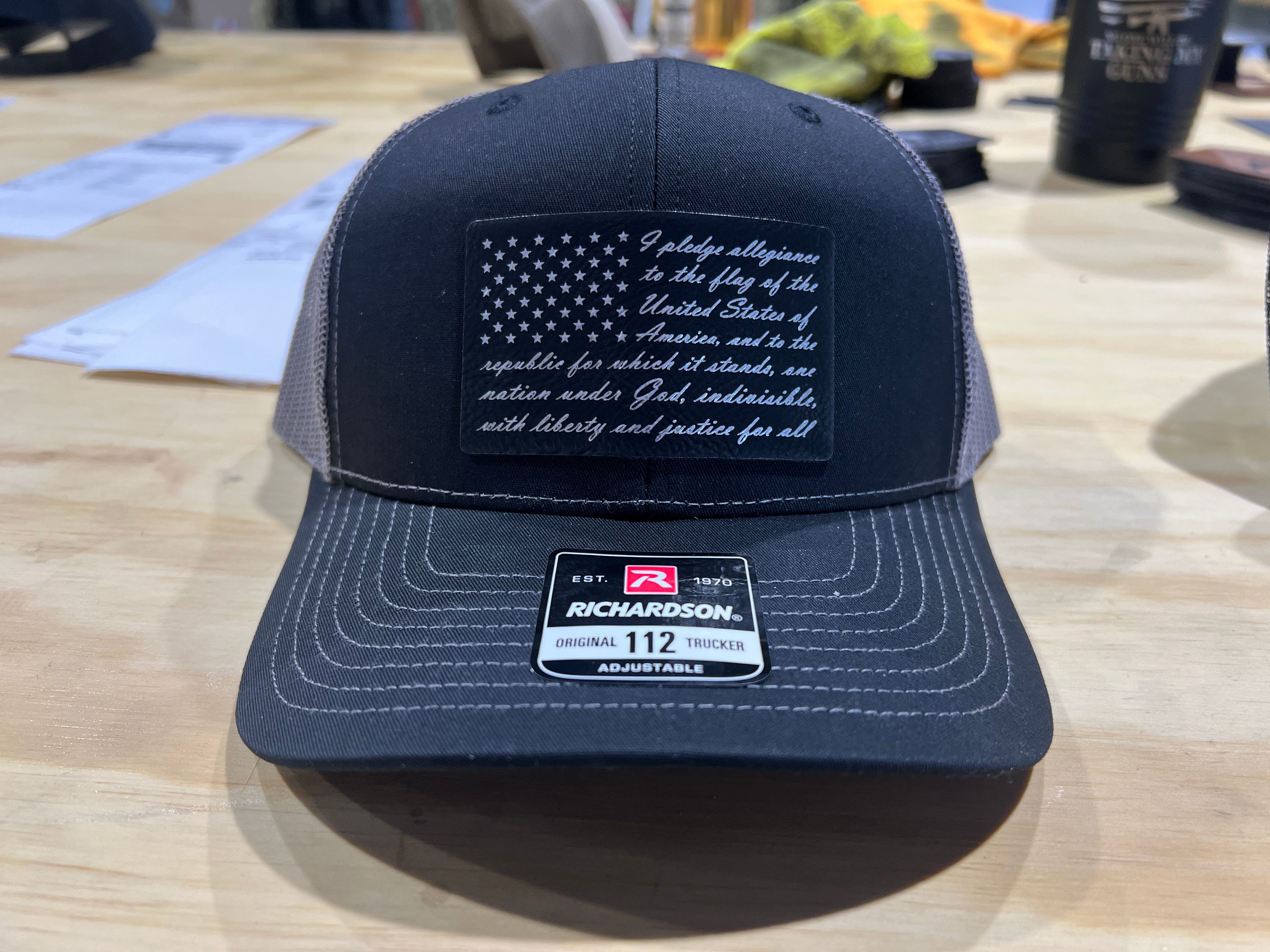 Pledge of Allegiance Custom Patch Hat with American Flag Design on a Richardson 112 Trucker Hat.