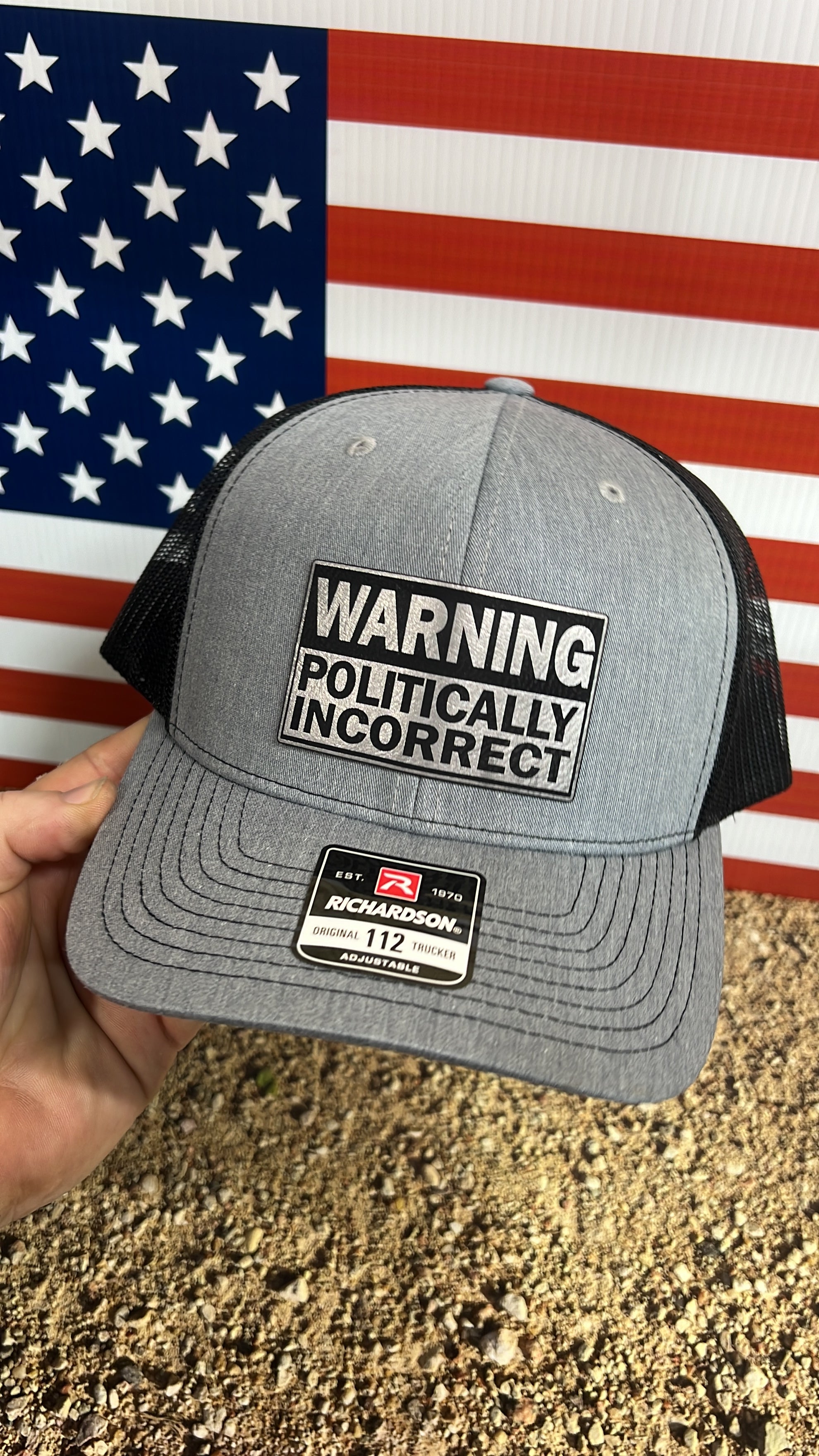 WARNING Politically Incorrect Hat with Laser Engraved Premium Leatherette Patch on a Richardson 112 Trucker Hat.