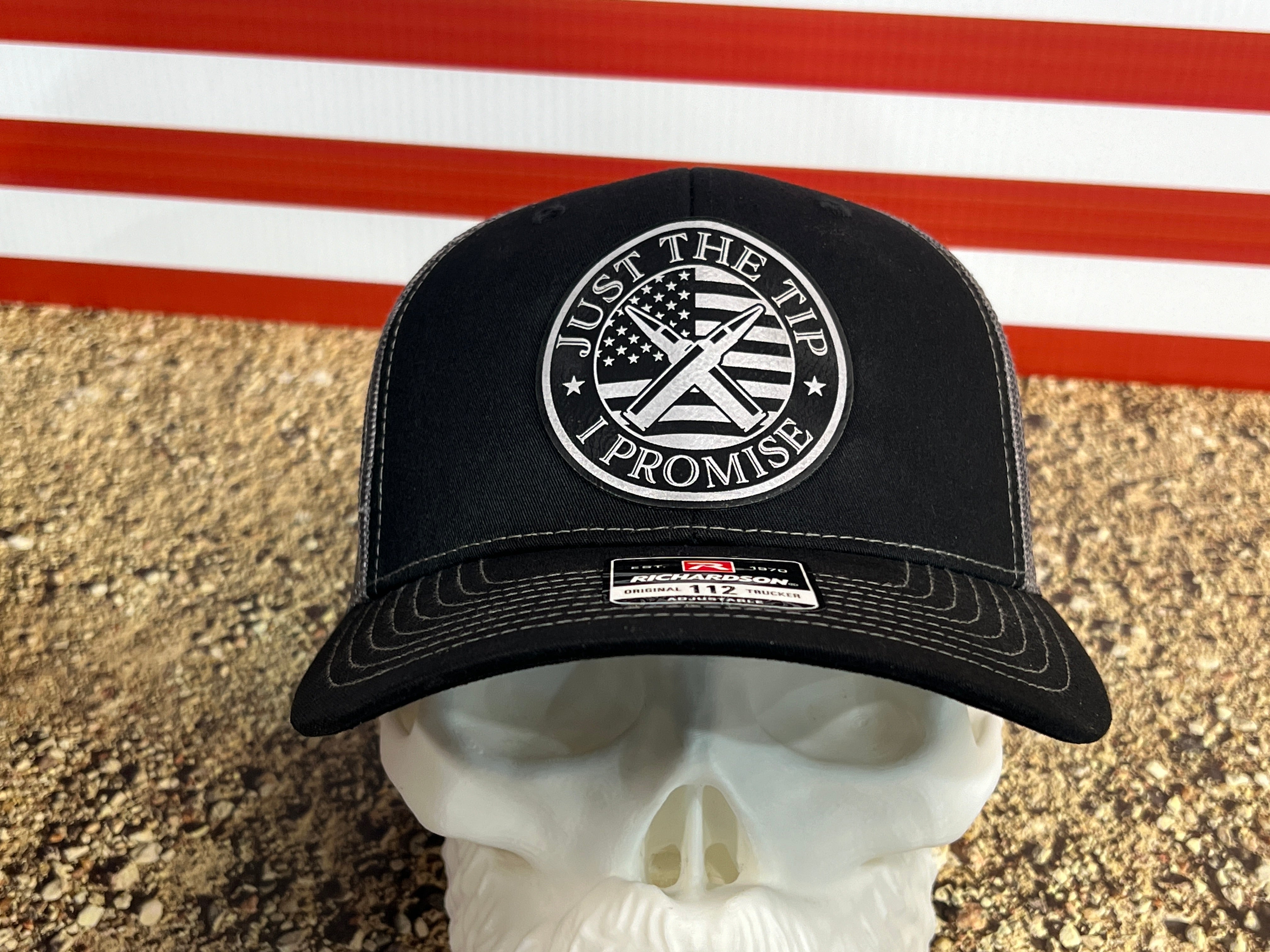 Just the Tip Hat with Premium Leatherette Patch on a Richardson 112 Trucker Hat Second Amendment Hat