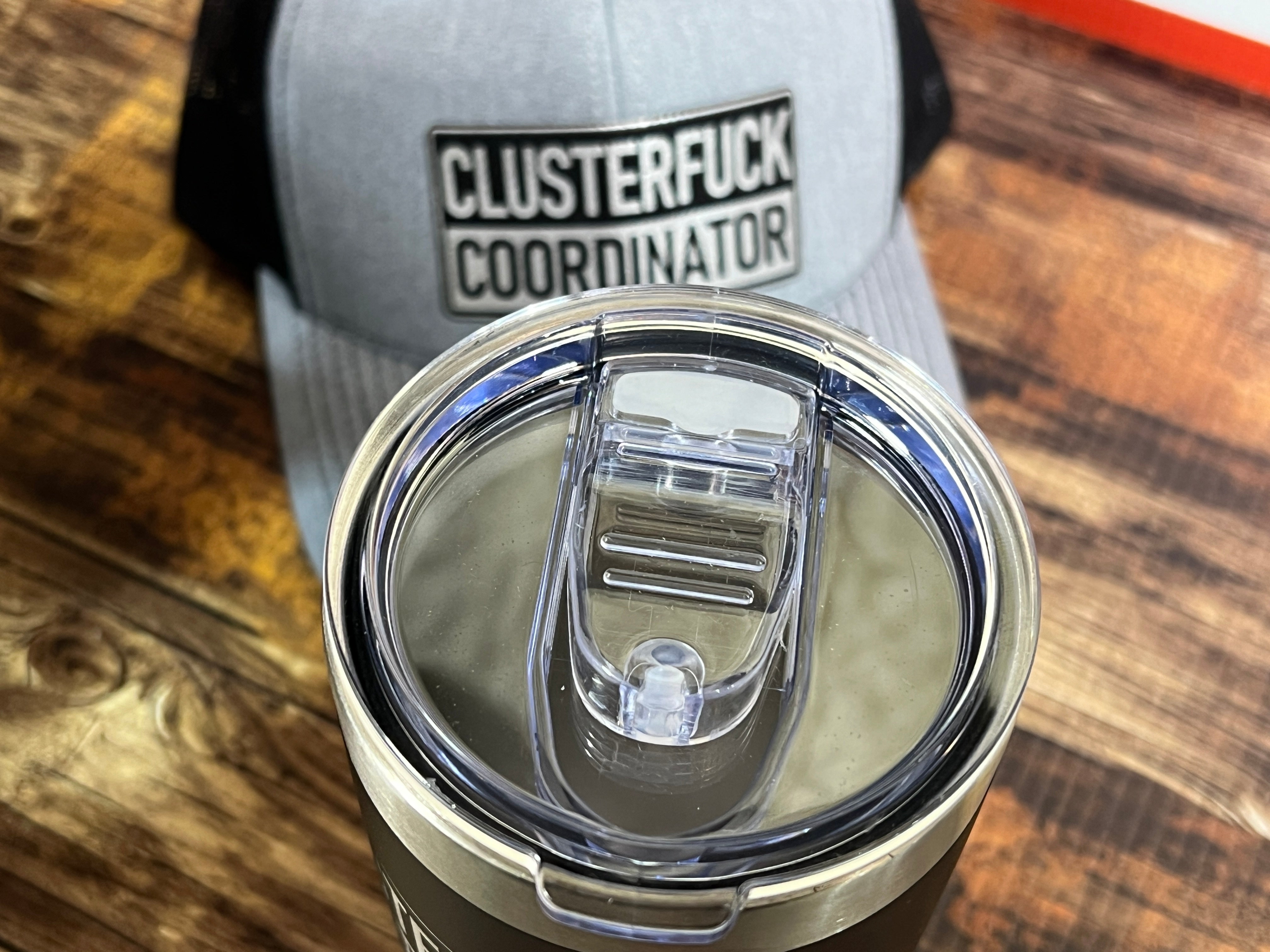 Clusterf*ck Coordinator Hat & Tumbler Combo Premium Leatherette Engraved Patch on a Richardson 112 Trucker Hat & 20 oz Polar Camel Tumbler