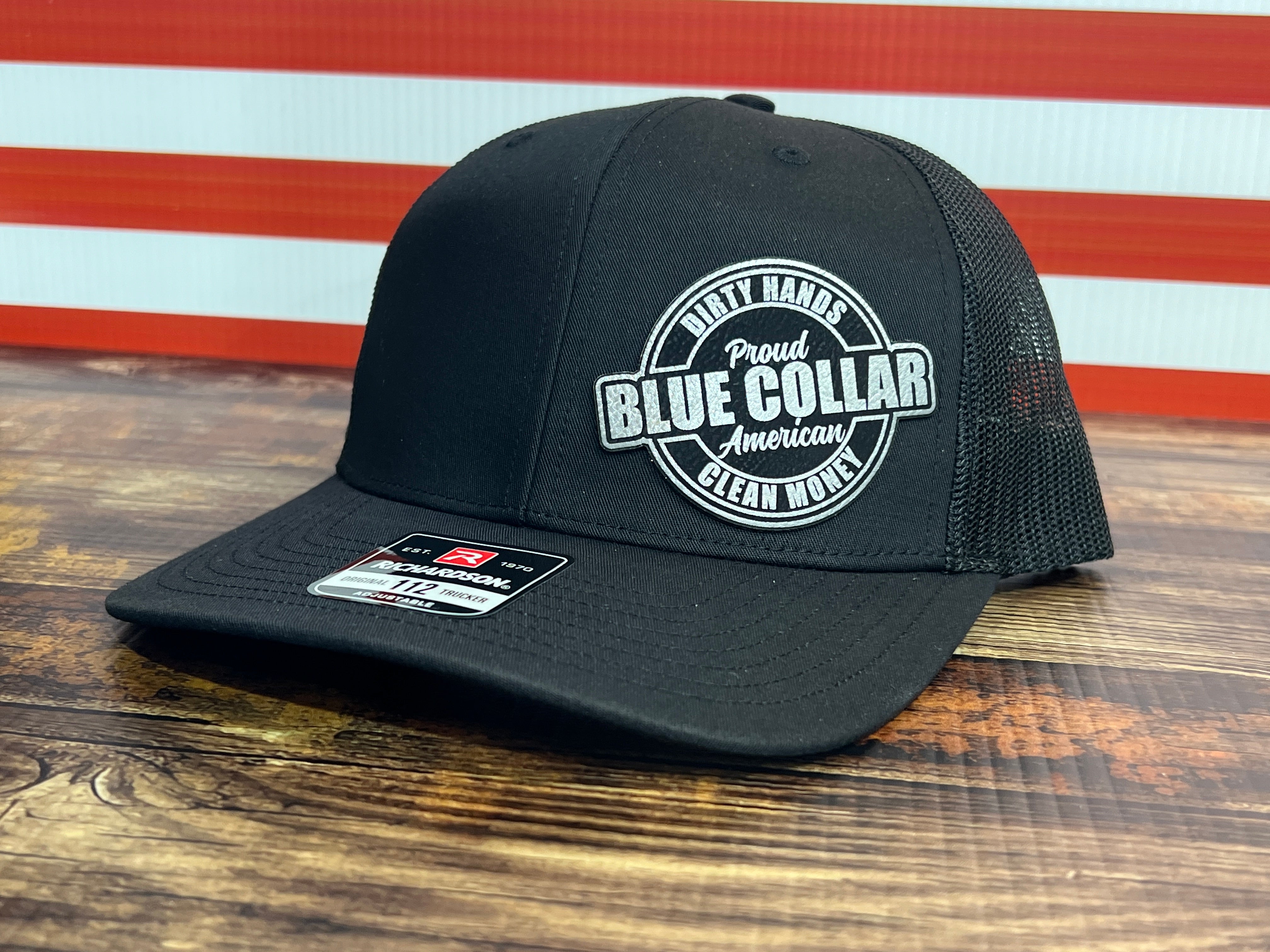 Proud Blue Collar American Hat - Dirty Hands, Clean Money Leatherette Patch on a Richardson 112 Trucker Hat Baseball Cap Summer Winter