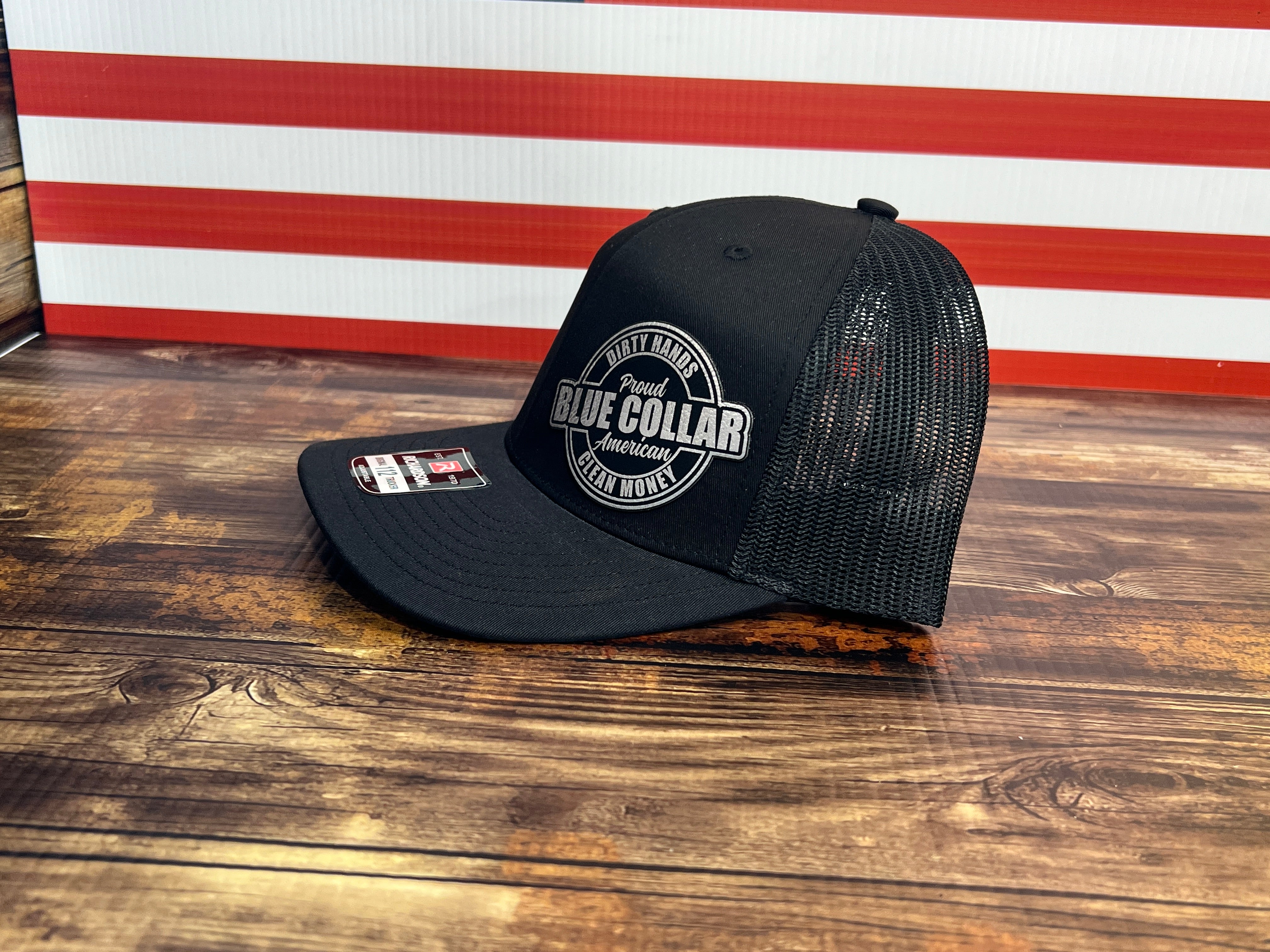 Proud Blue Collar American Hat - Dirty Hands, Clean Money Leatherette Patch on a Richardson 112 Trucker Hat Baseball Cap Summer Winter