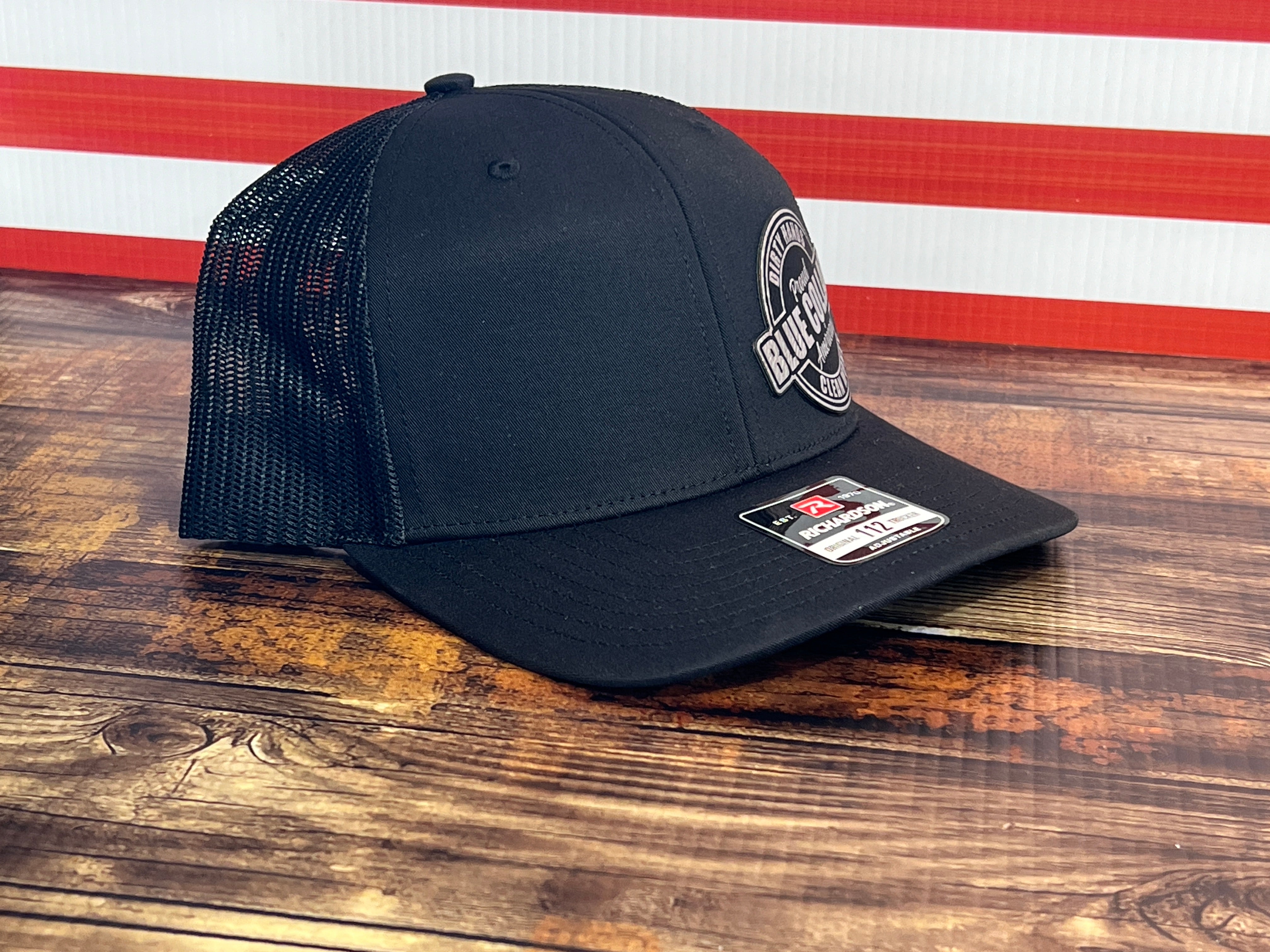 Proud Blue Collar American Hat - Dirty Hands, Clean Money Leatherette Patch on a Richardson 112 Trucker Hat Baseball Cap Summer Winter