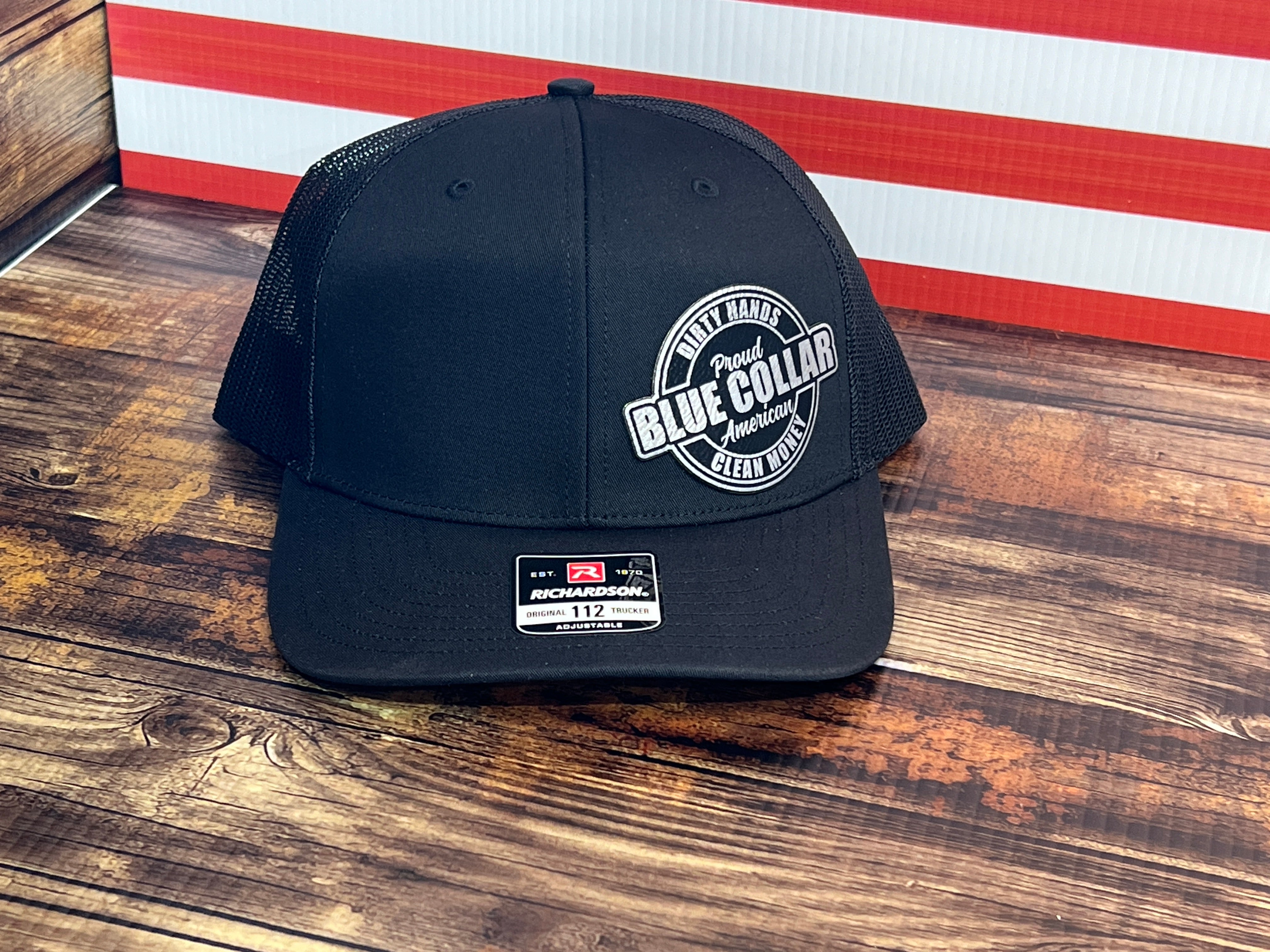 Proud Blue Collar American Hat - Dirty Hands, Clean Money Leatherette Patch on a Richardson 112 Trucker Hat Baseball Cap Summer Winter