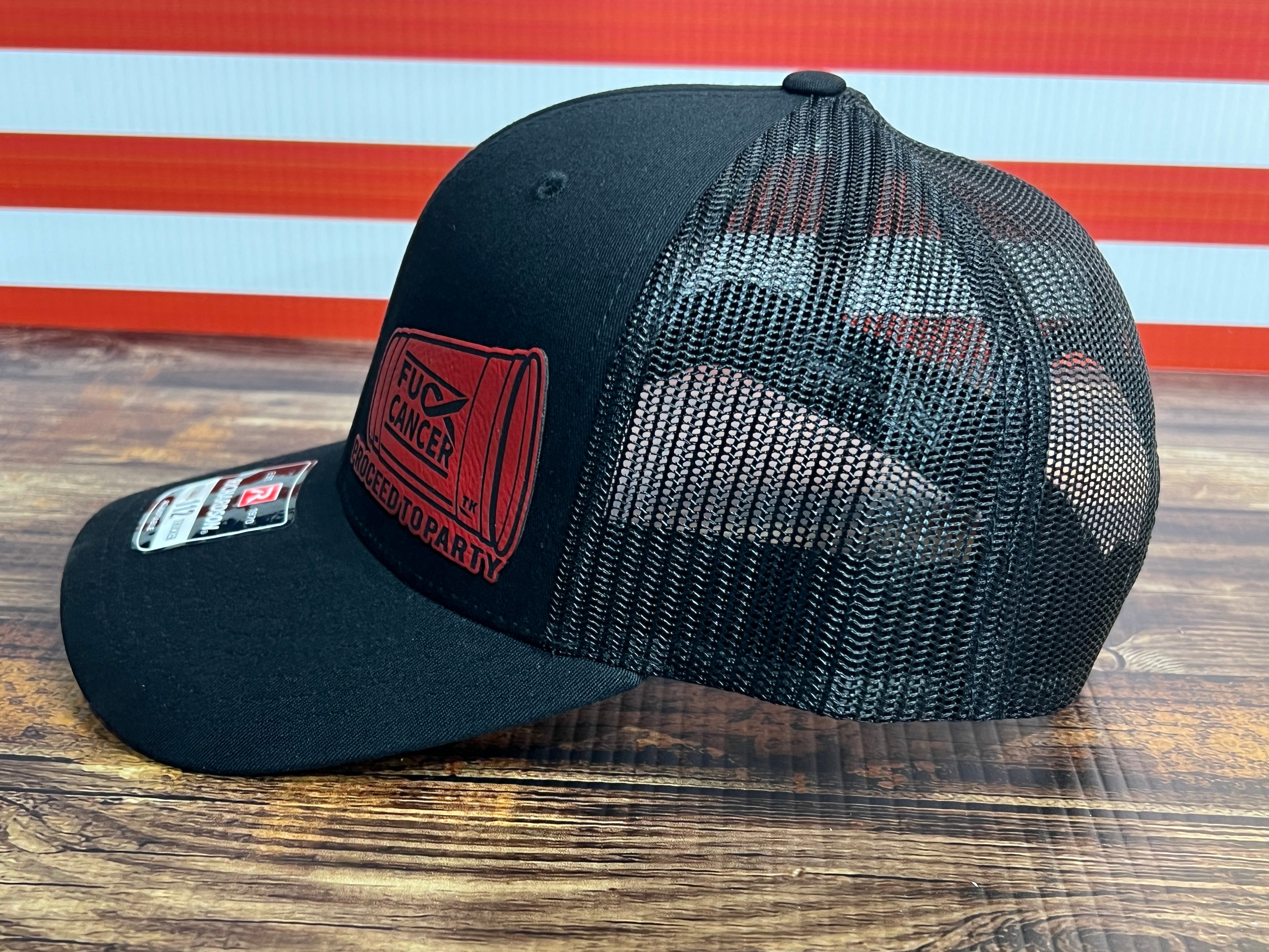 Red Solo Cup Hat with Premium Leatherette Patch on a Richardson 112 Trucker Hat.