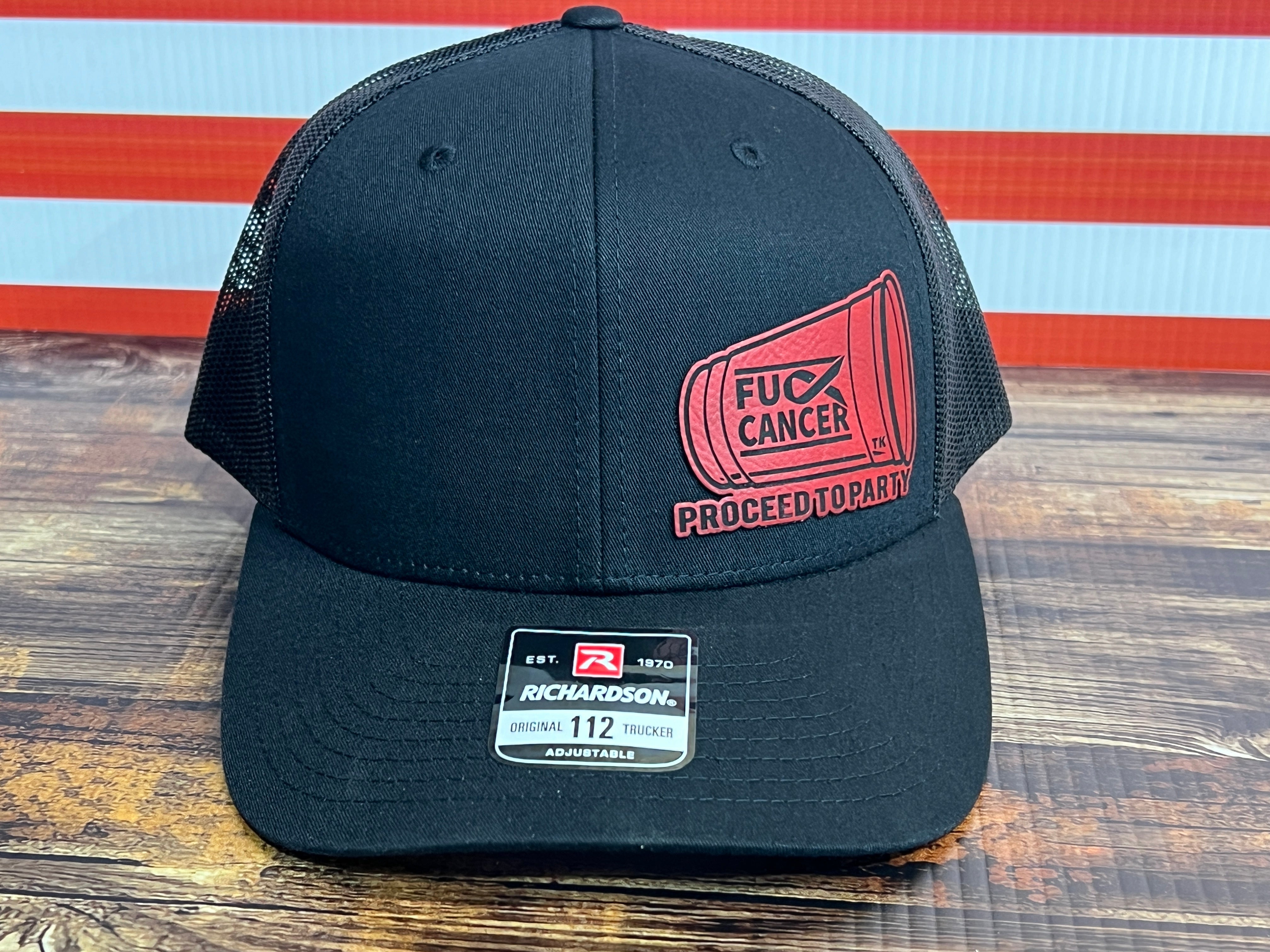 Red Solo Cup Hat with Premium Leatherette Patch on a Richardson 112 Trucker Hat.