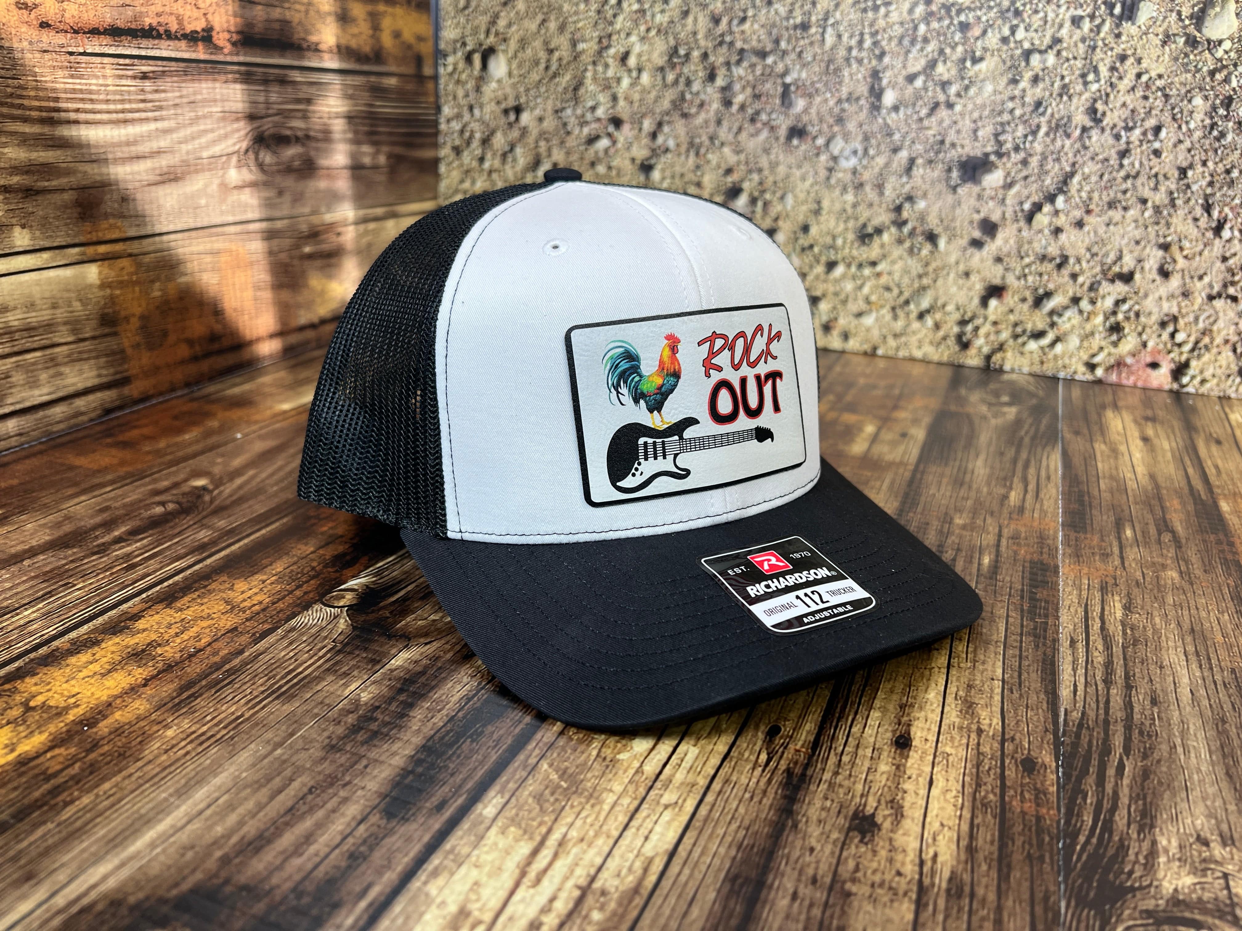 Rock Out UV Printed Custom Patch Hat with Premium Leatherette on a Richardson 112 Trucker Hat