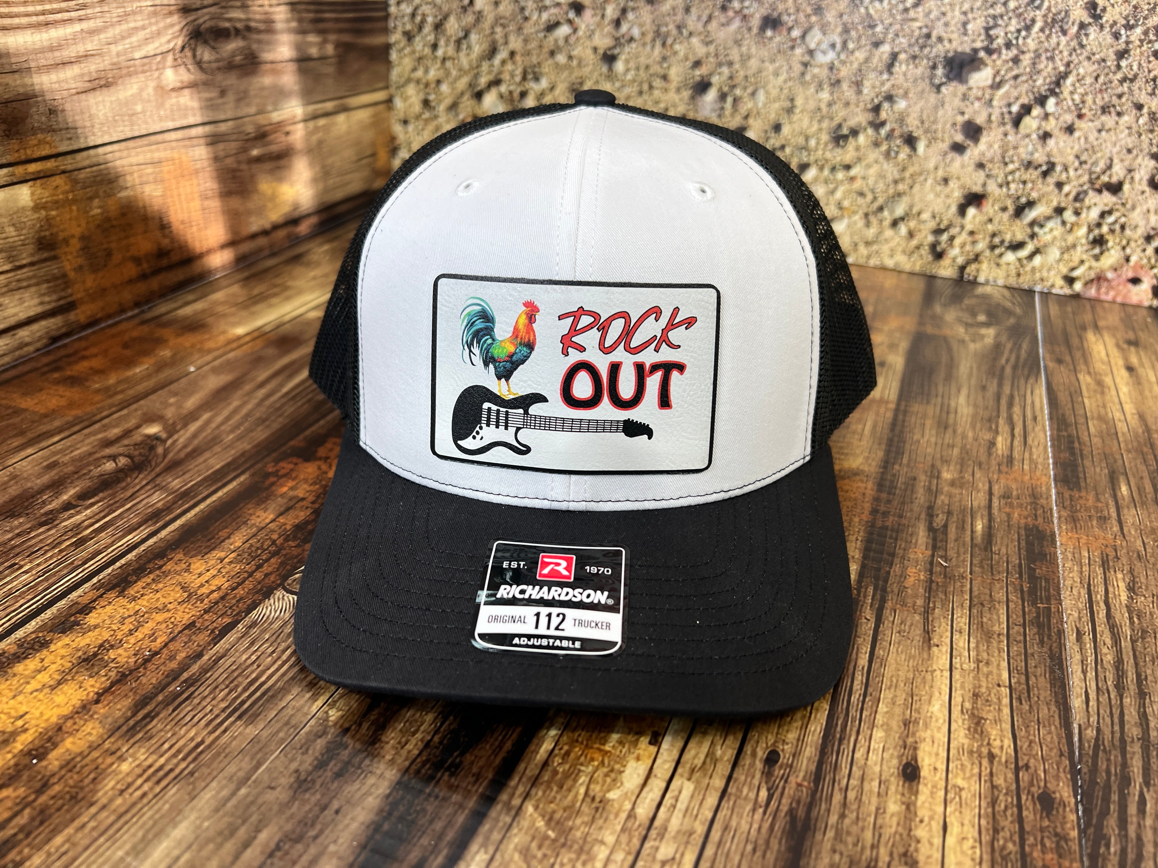 Rock Out UV Printed Custom Patch Hat with Premium Leatherette on a Richardson 112 Trucker Hat