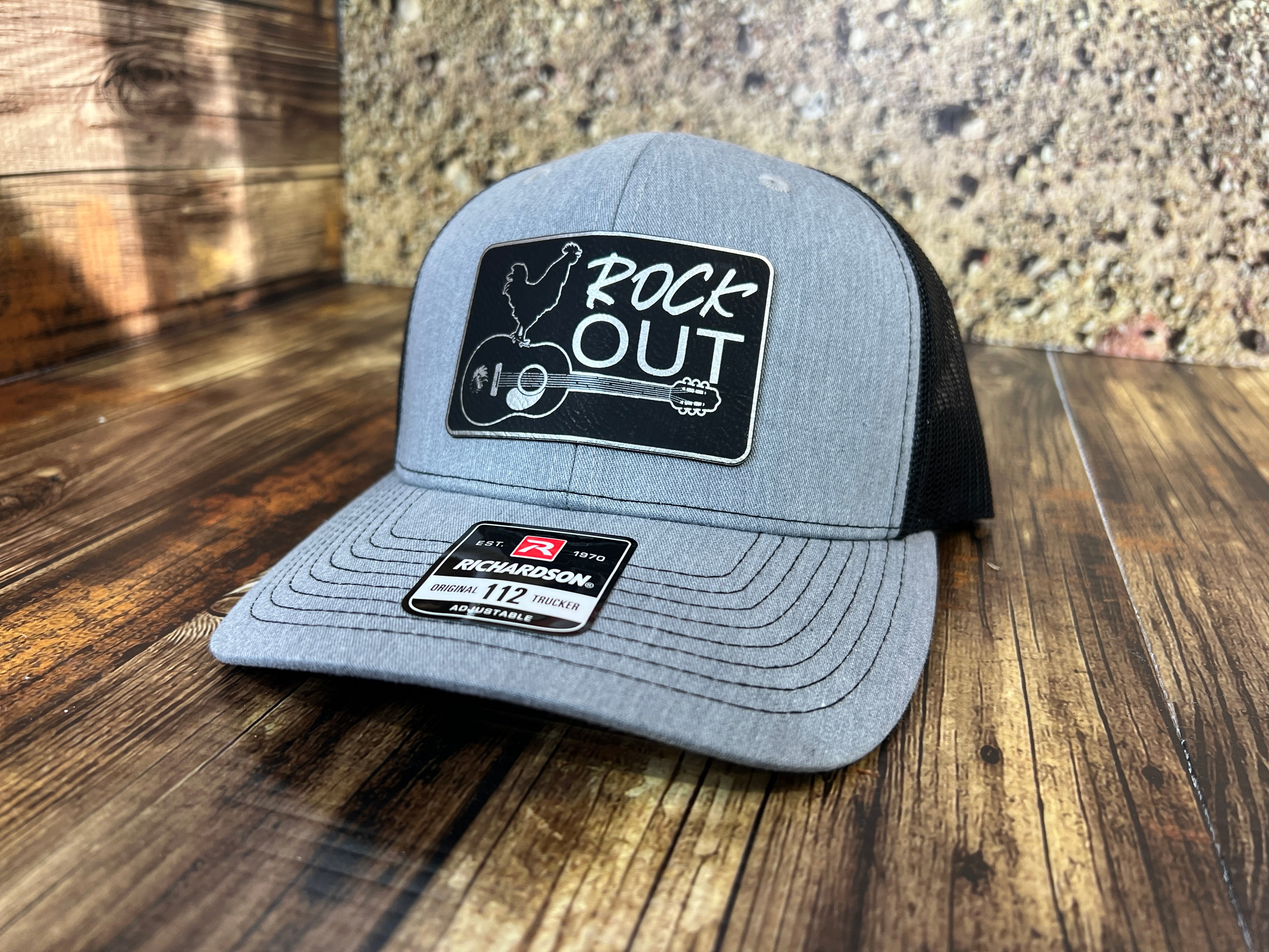 Rock Out UV Printed Custom Patch Hat with Premium Leatherette on a Richardson 112 Trucker Hat