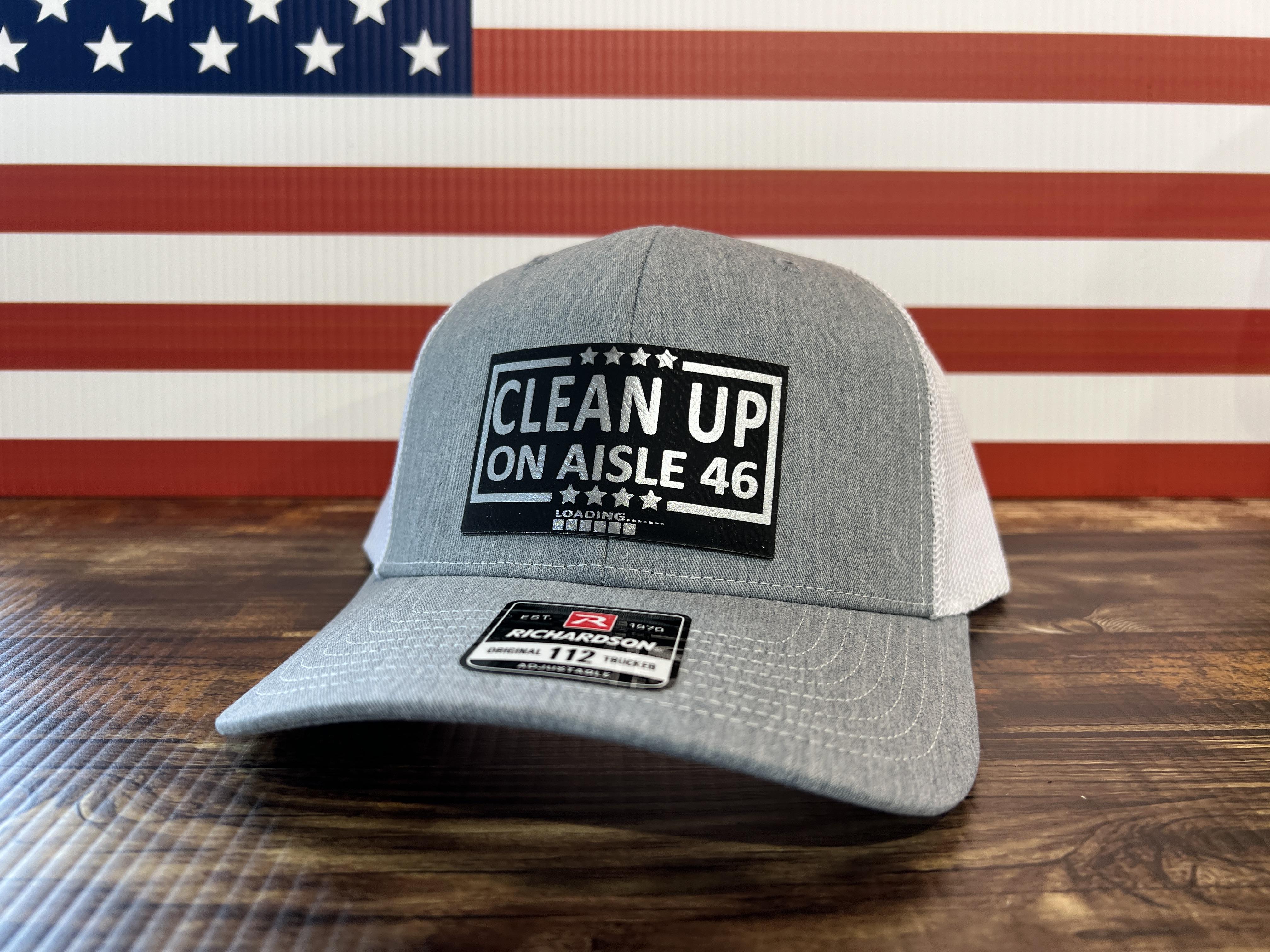 Cleanup On Aisle 46 Hat Premium Leatherette Patch on Richardson 112 Trucker Hat