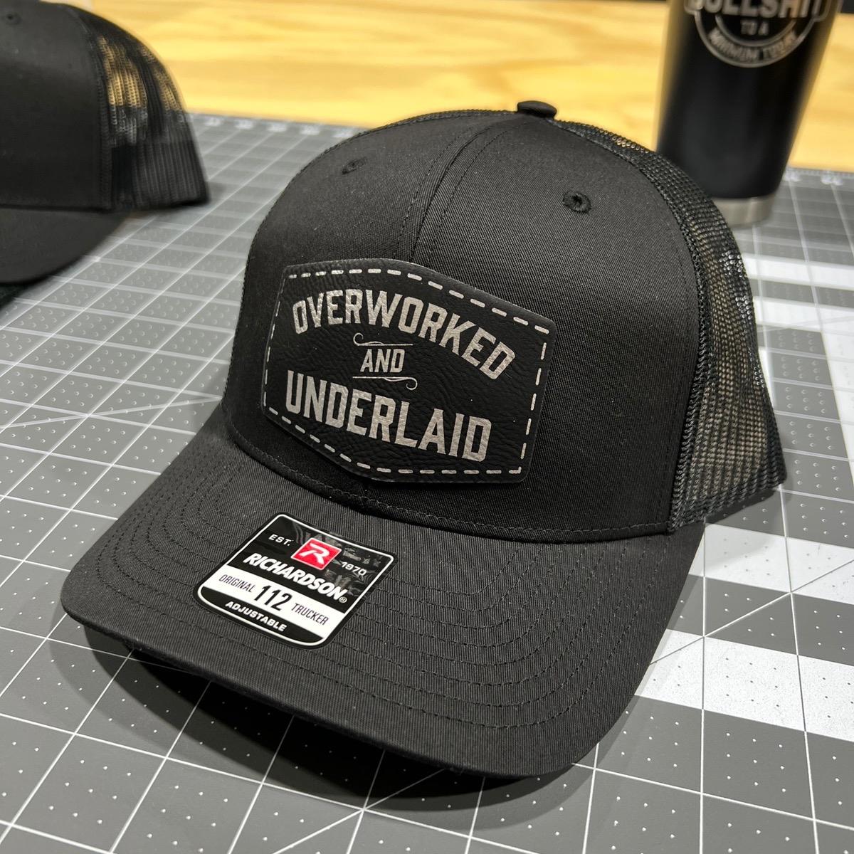 Overworked and Underlaid Patch Hat Richardson 112 Trucker hat with Snap Back