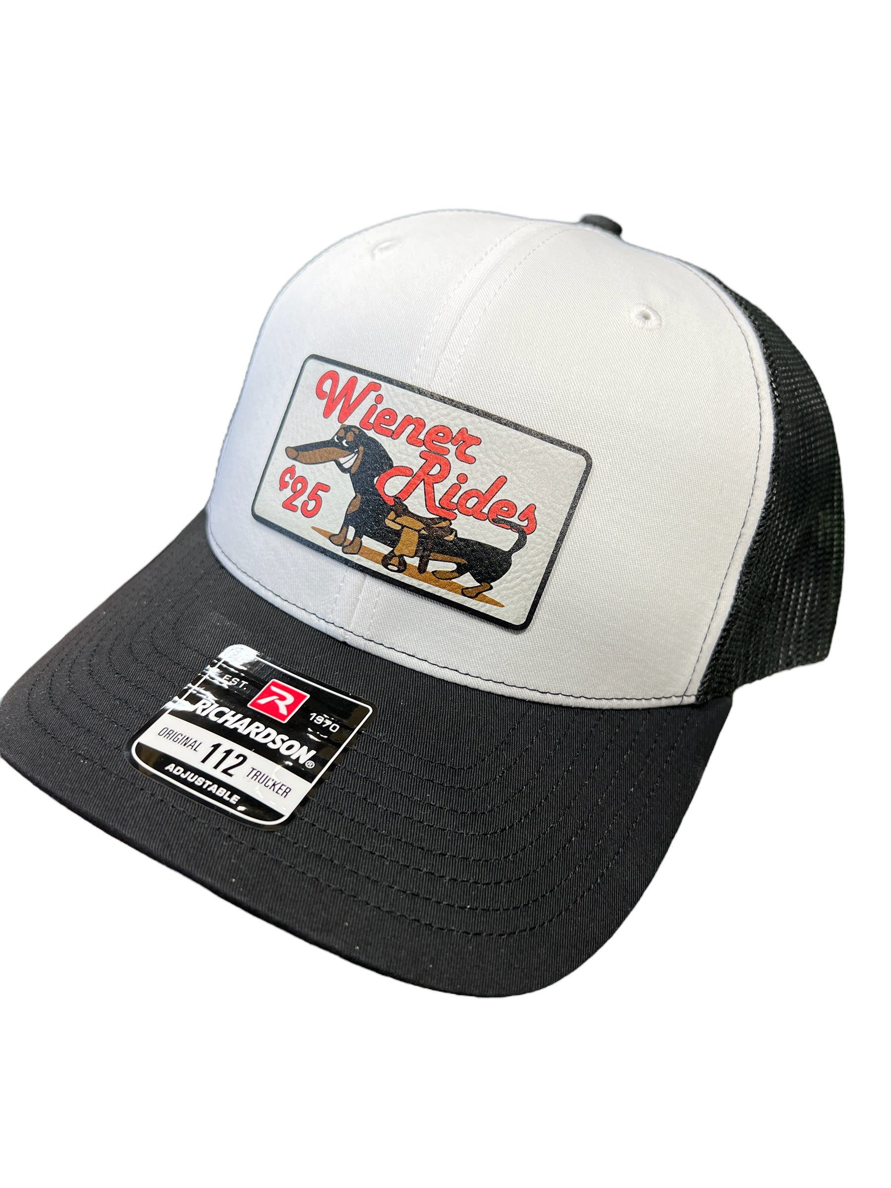 Wiener Rides Patch Hat with a UV Printed Premium Leatherette Patch on a Richardson 112 Trucker Hat