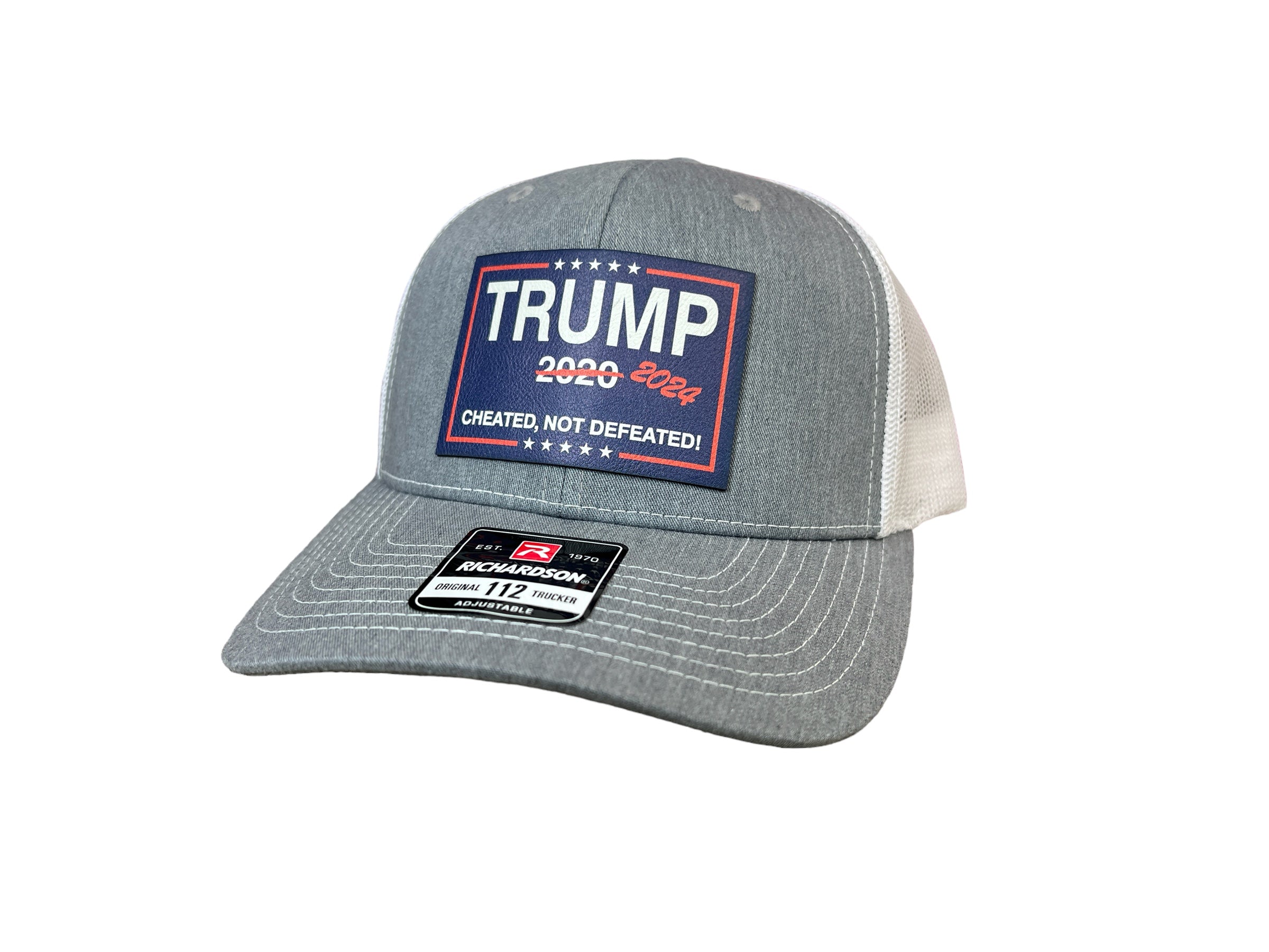 Cheated Not Defeated Trump 2024 Trucker Hat UV Printed  or Laser EngravedPremium Leatherette FULL Color Patch on Richardson 112 Trucker Hat