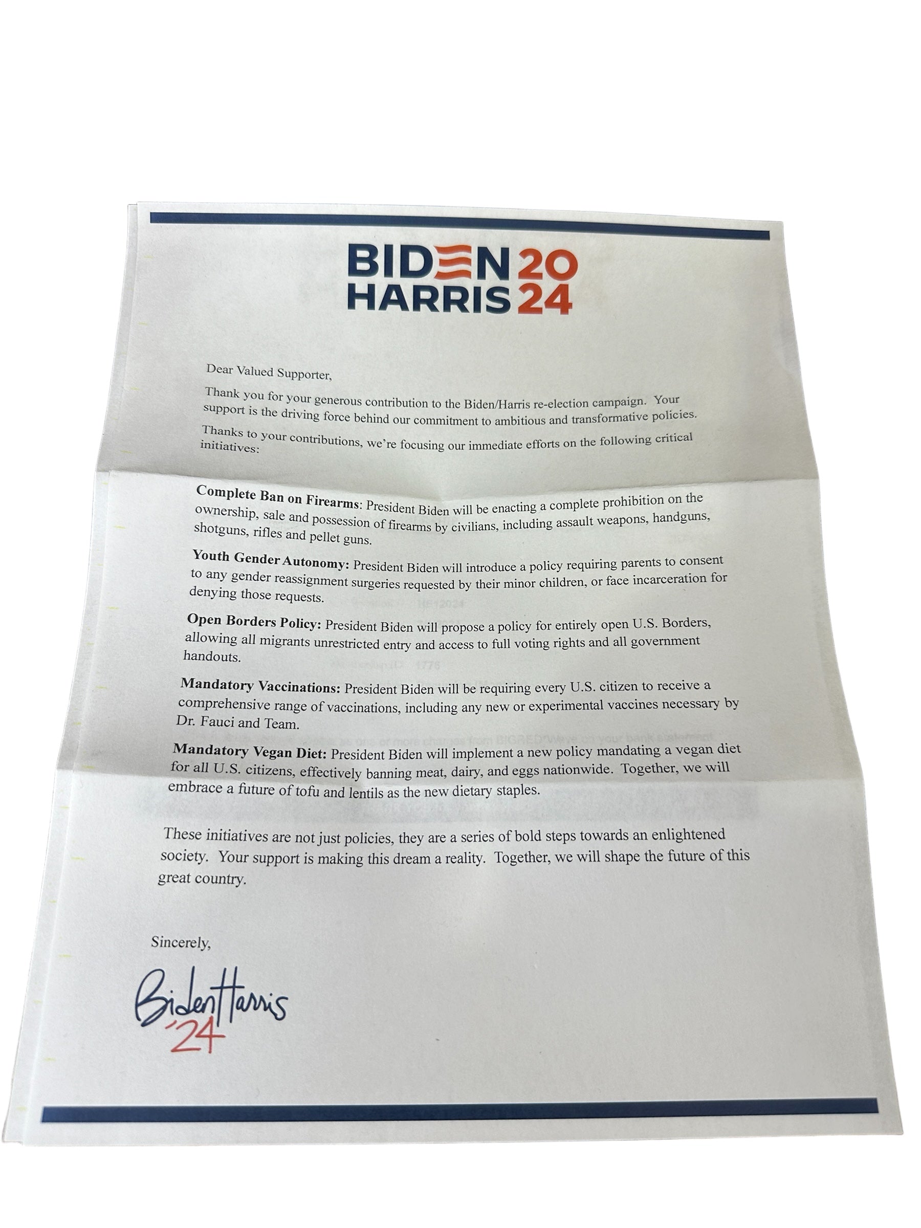 Prank Biden Harris 2024 Donation Package Letter Receipt Sent 100% Anonymous Funny Adult Humor