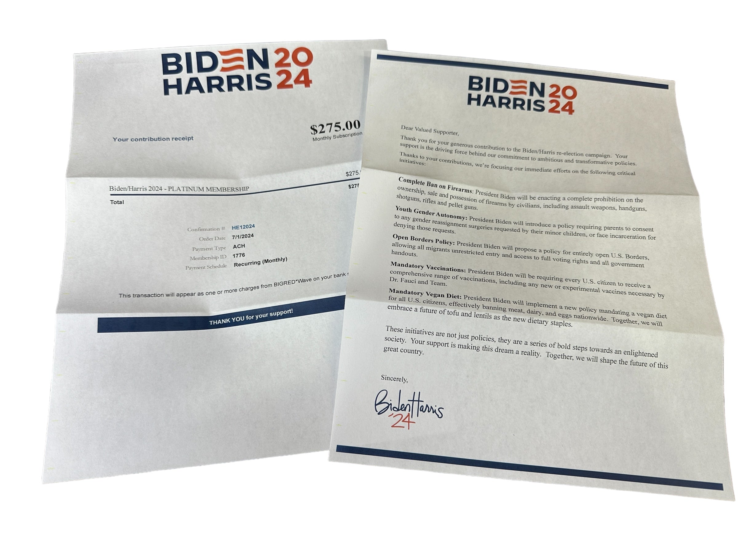 Prank Biden Harris 2024 Donation Package Letter Receipt Sent 100% Anonymous Funny Adult Humor