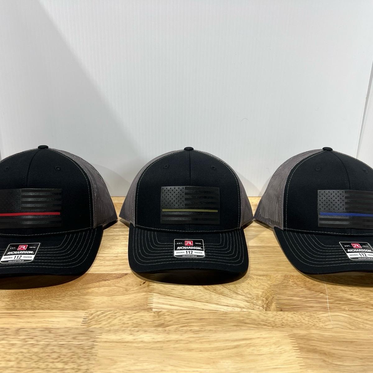 Thin Line Trucker Hats with Premium Leatherette on Richardson 112